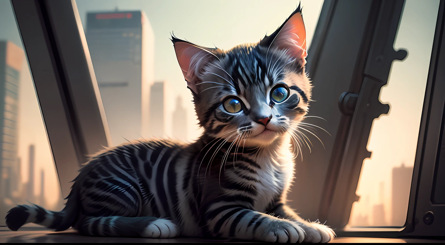a cute kitten made out of metal, cyborg, cyberpunk style, ((intricate details)), hdr, ((intricate details, hyperdetailed)), cinematic shot, vignette --auto