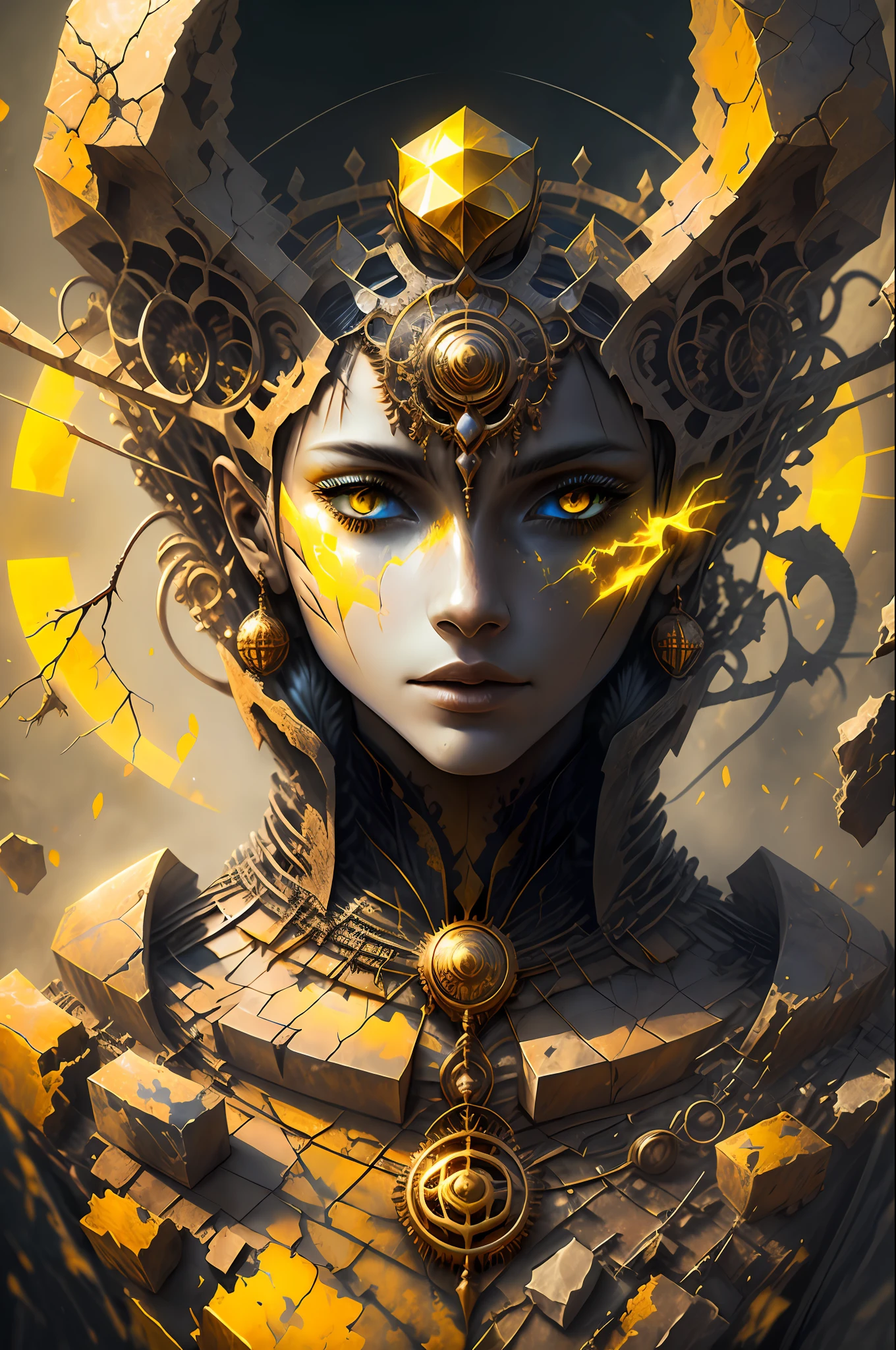 creature00d, 1girl, glowing, portrait, 1other, crack, yellow theme, Precise