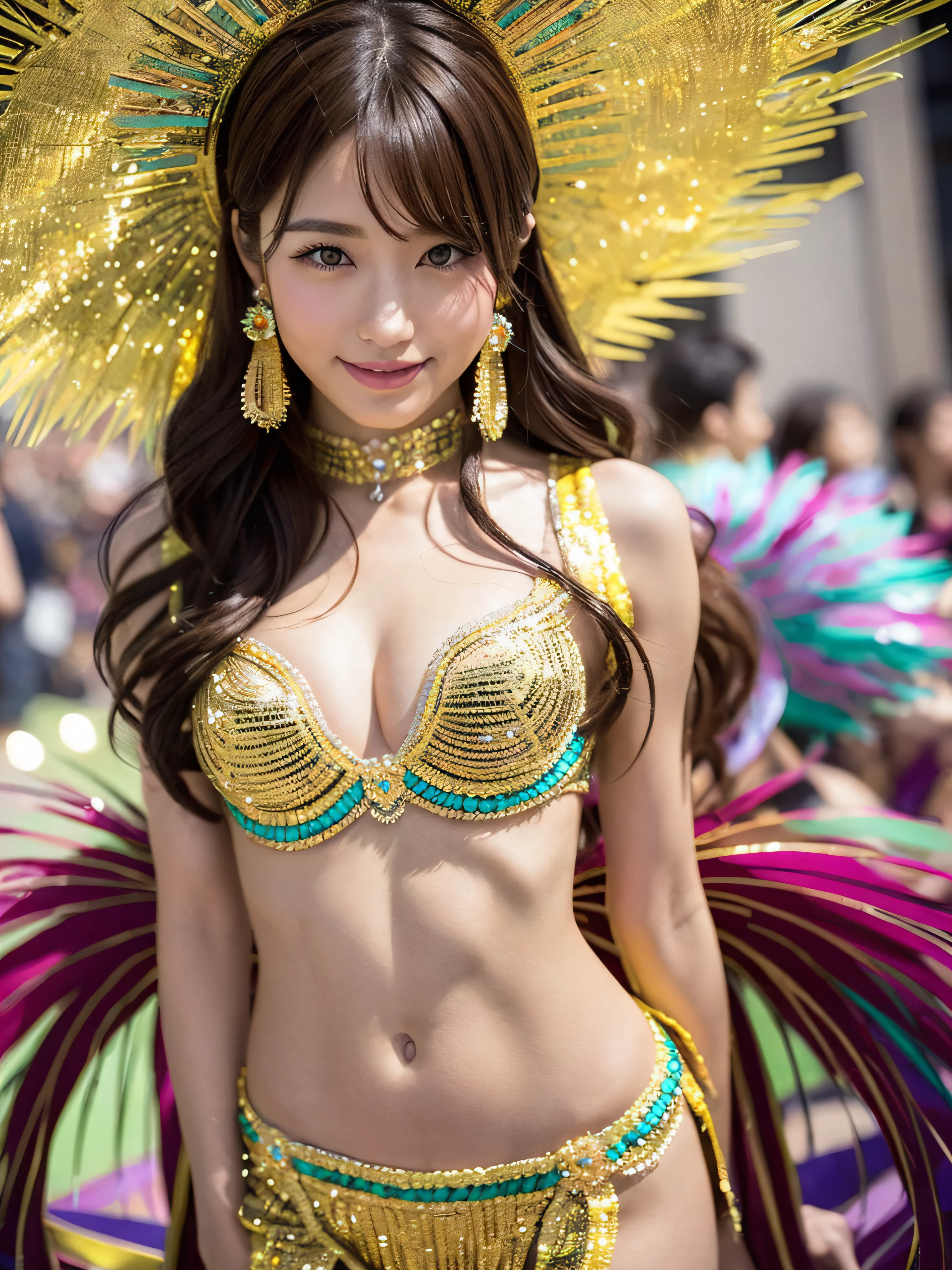 (Masterpiece:1.3), (8k, Photorealistic, RAW Photography, Best Quality: 1.4), high contrast, (((1girl))), A pretty woman with perfect figure :1.4, Cute face, Beautiful Face, (Realistic Face), Beautiful Hairstyle, Realistic Eyes, Beautiful Details, (Realistic Skin), Beautiful Skin, Attractive, Ultra High Definition, Ultra Realistic, Very Detailed, (small breasts:1.3), (cleavage:0.8), Japanese, semi-long curly hair, bangs, (Brown hair, small breasts:1.3), ((slim figure:1.2)), slim face, Small buttocks, gentle smile, (((samba carnival costumes))), At the Asakusa Samba Carnival, slightly thinner face