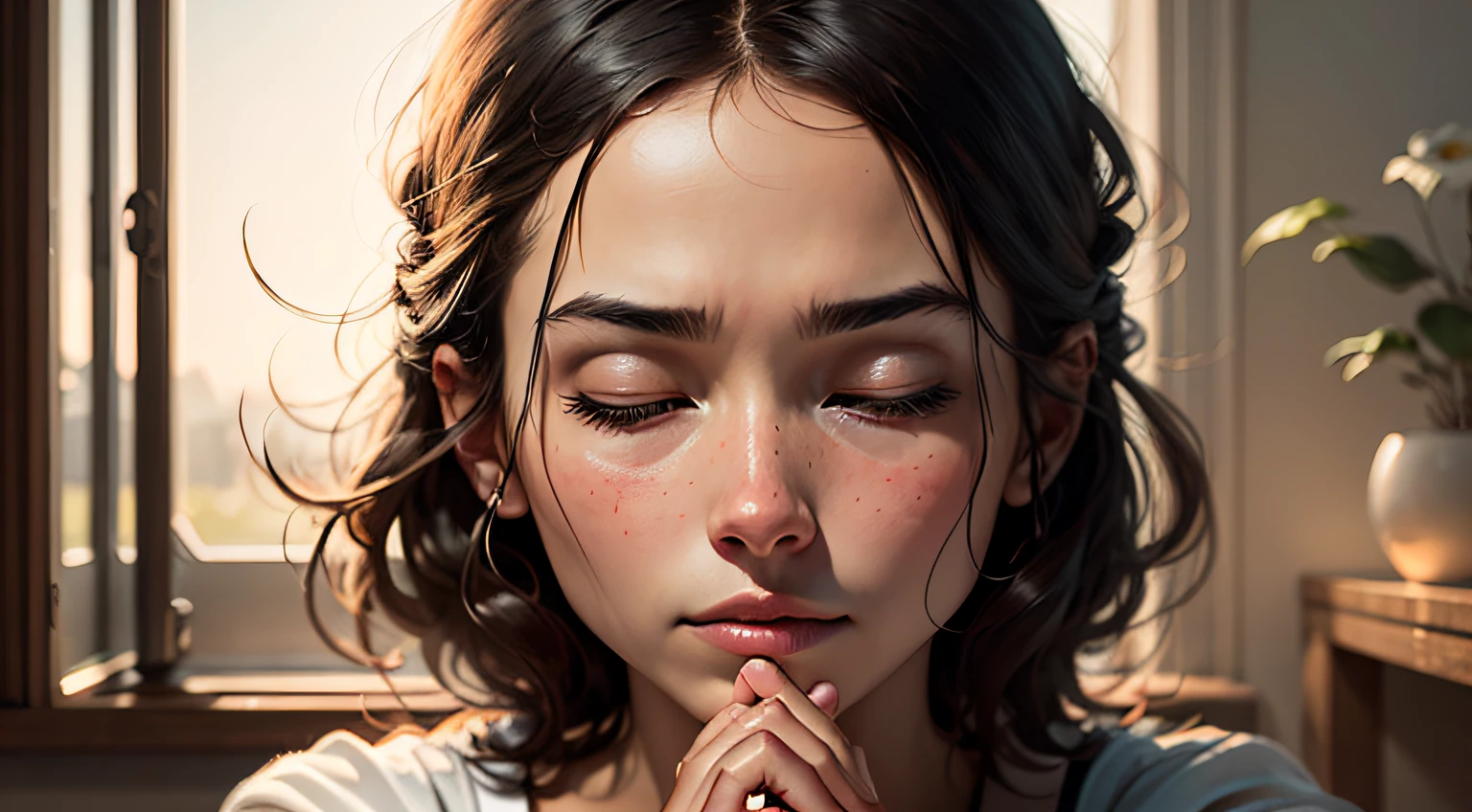 a woman with a beautiful face meditating in the morning --auto
