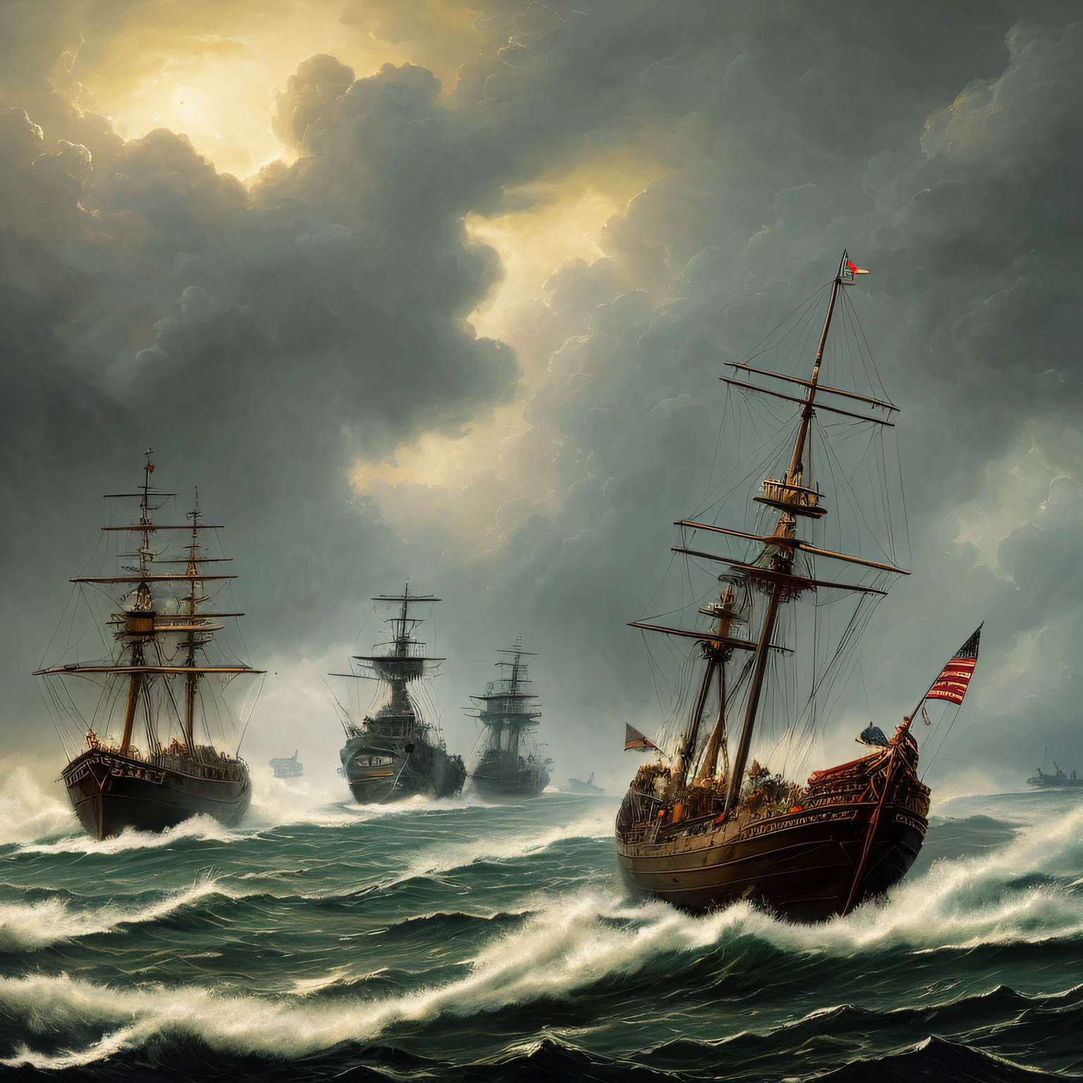 (highly detailed:1.2),(best quality:1.2),(8k:1.0),(emb-rrf-low:1.0),sharp focus,(award-winning photograph:1.2), (subsurface scattering:1.1), painting of a boat with people on it in a stormy sea, dramatic concept art, epic naval battle, a sea battle, dramatic nautical scene, dramatic artwork, epic fantasy artwork, naval battle, epic battlescene, epic fantasy painting, by Darek Zabrocki, by Tadeusz Pruszkówski, stormy and grand war scene