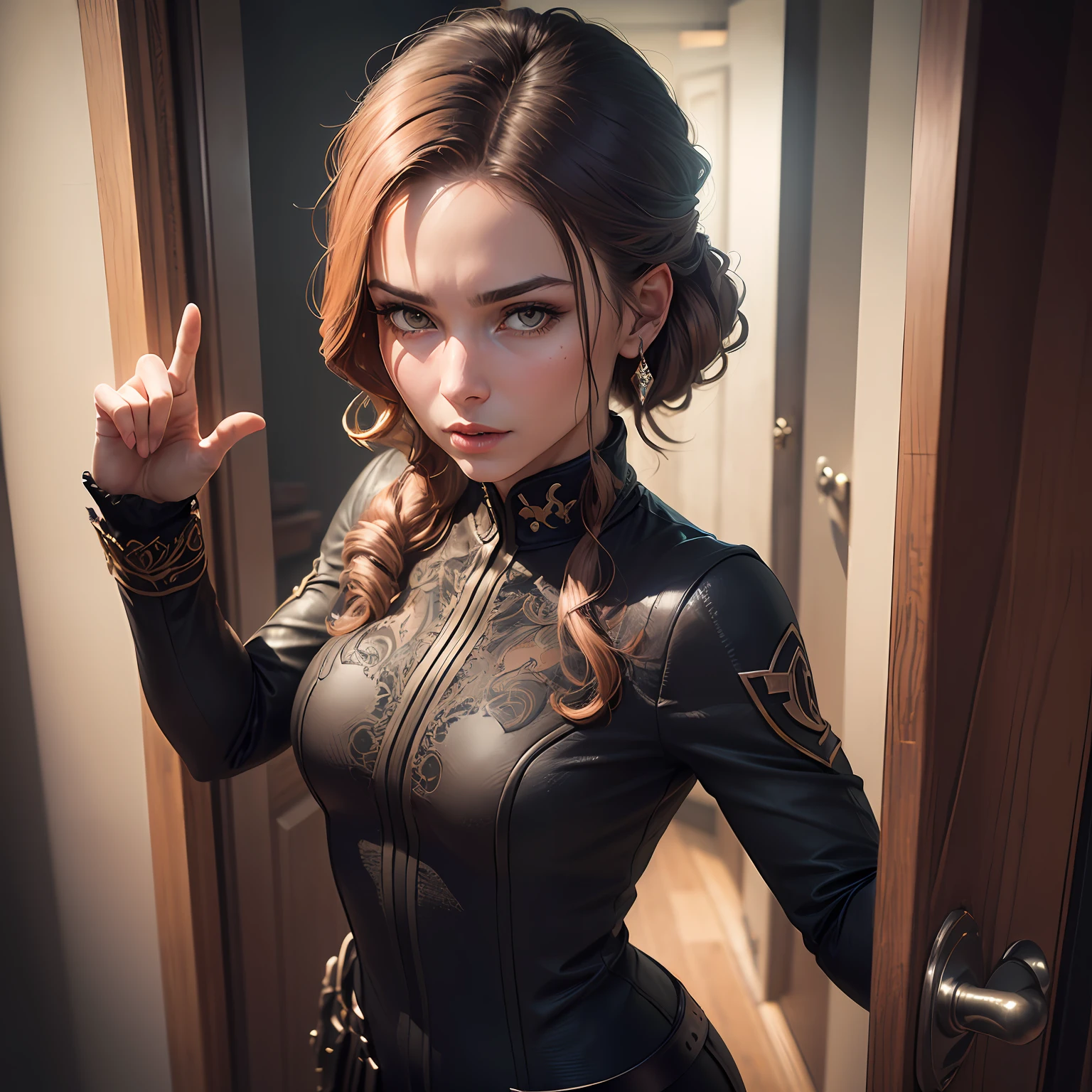 A strict women (35 years old, face to face with the camera standing in front of the door, her hand points at the camera, close view, 8K High Definition, Extremely detailed, Quality textures high, intricate detail, detailed texture, fine detail, high detail, extremely detailed cg, High-quality shadow, haughty, 8k, high definition, detailed face, detailed face, detailed eyes, detailed suit, magic, and dc style, surreal, + cinematic footage + dynamic composition, extremely detailed, sharp, detailed + excellent detail + evening with light, well-groomed hair, smaller mouth, best quality, masterpiece, (actual: 1.2), (best quality detail: 1.2), realistic, --auto