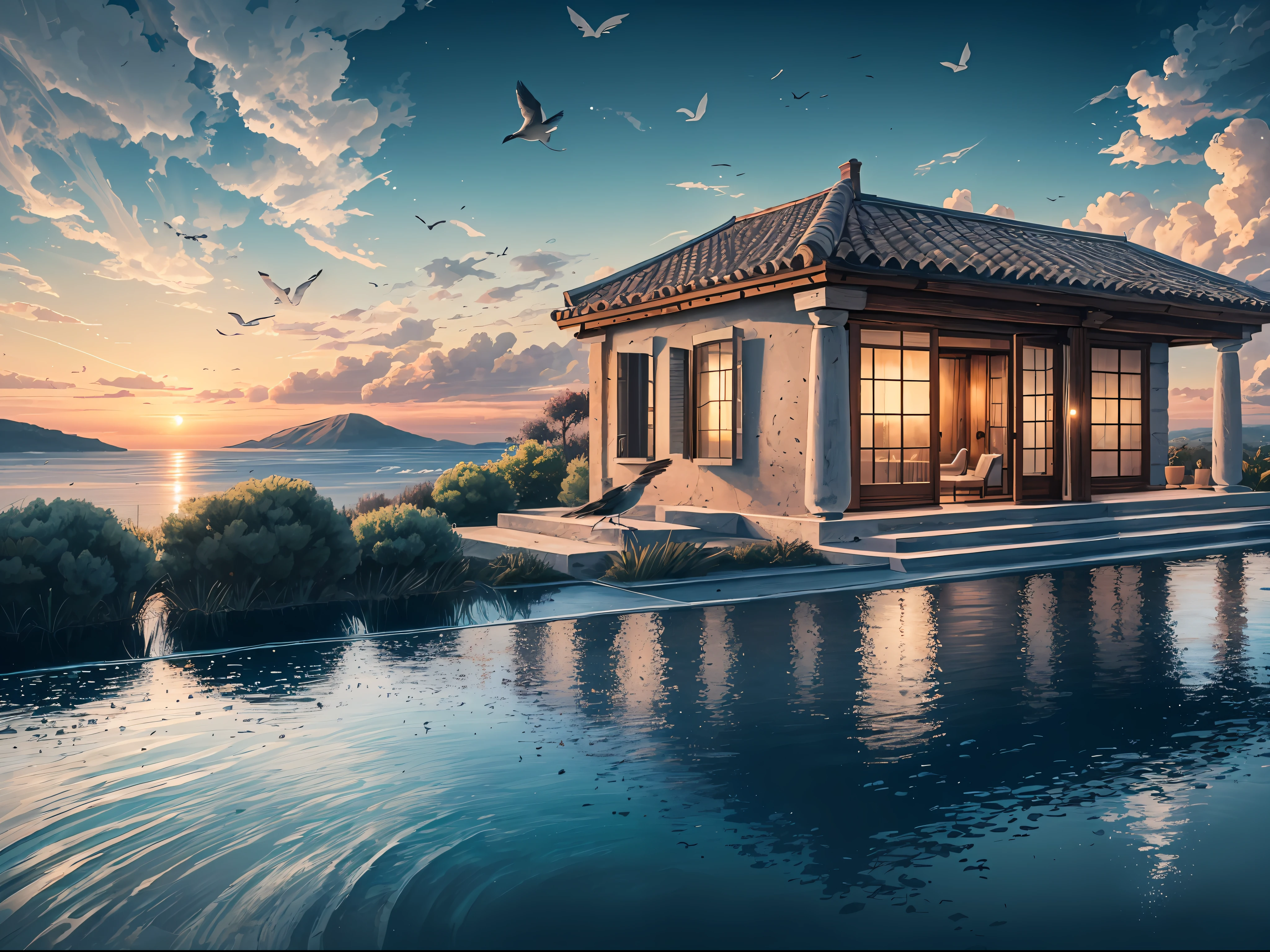 A picture of a luxury house in Greece, birds flying in the distance, cinematic, realism, crystal clear, micro-details, cinematic light, highres, imagination, (realistic), clear skies, composition, sunset, (hdr:1.5), outdoors, intricate details, close up, wild life in the background, inviting atmosphere