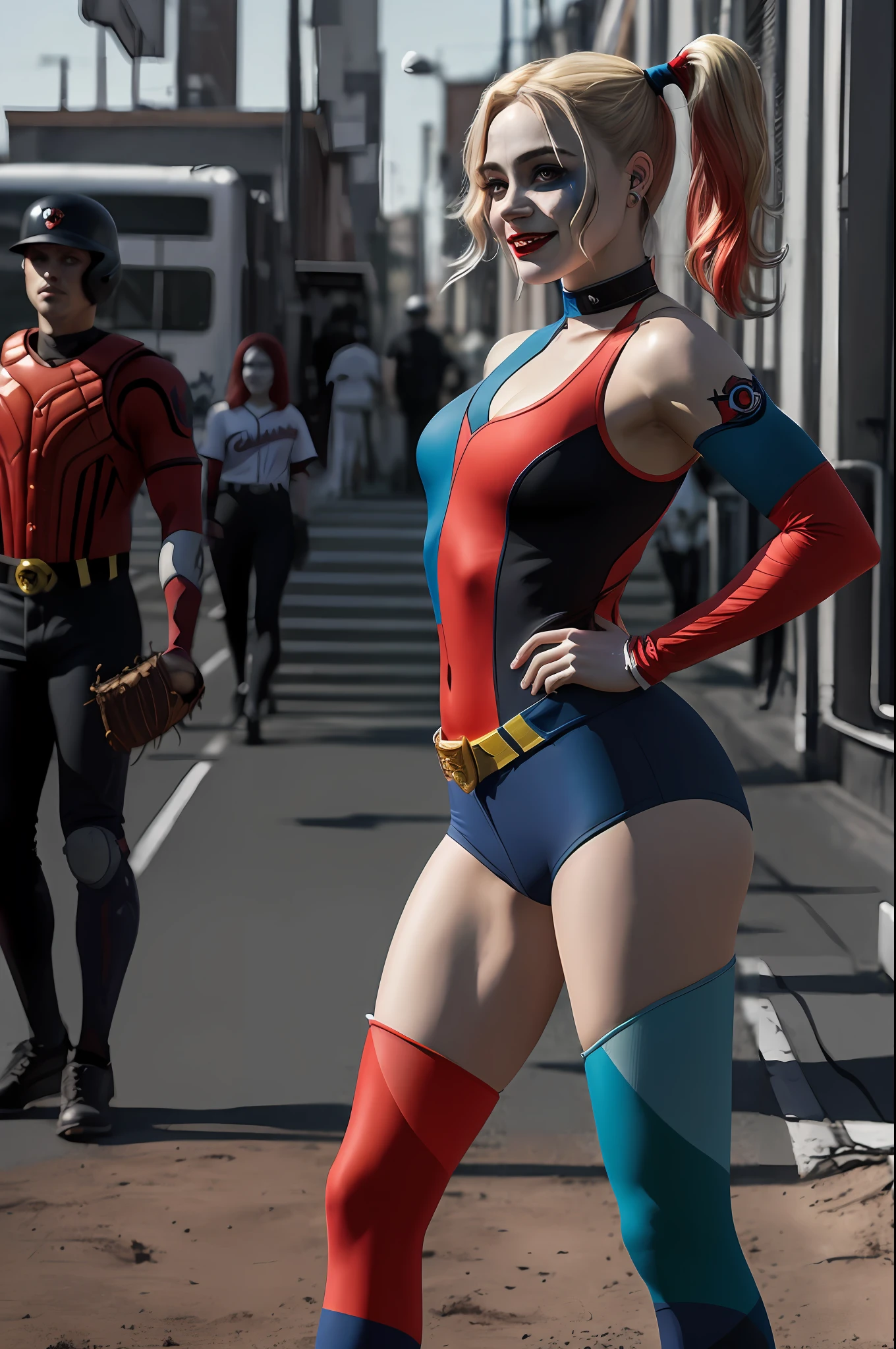 (16k, foto RAW, melhor qualidade, obra-prima: 1.2), ultra-detalhado, arte formal, foto realismo: 1.37, foto do corpo parte de cima, (mulher, taco de baseball ,( Harley quinn)film grain, villain action pose ((sarcastica))detal