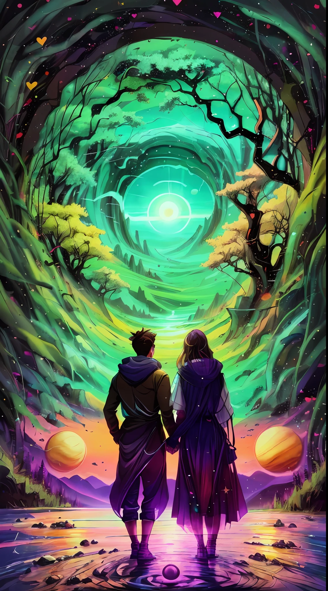 Girl and boyfriend, holding hands, home, Cozy large villa, Flowers, Plants, River, mountains, Wood, Lake, Love, heart, standing in front of a space portal overlooking the pink sun, Cyril Rolando and Goro Fujita, A portal to another universe, inspired by Cyril Rolando, Portal to another dimension, world, visible only through the portal, high quality fantasy stock photo, Portal to another world, Portal to outer space, in the style of Cyril Rolando, Looking into space, universe, Magical Galactic Portal, The Cycle of the Stars, God, River, mountain, top, Cannabis, Marijuana