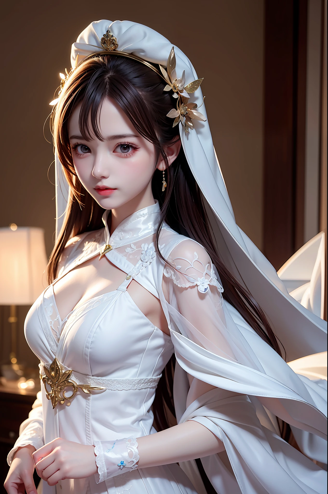 ((Masterpiece))), ((Best quality))), ((Ultra detail)), (ultra realistis), (High Definition CG Illustration), Cinematic light, Photorealistic,Very Beautiful  Lady,12 Year OldLight makeup, Intricate details eaba, White Intricate Lace Cloak, Dynamic pose, lance