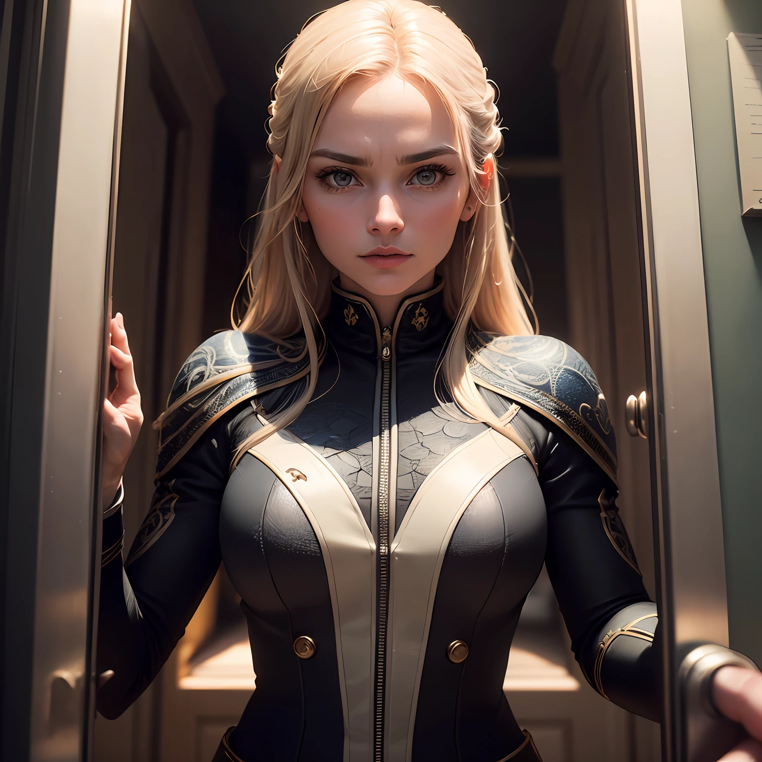 A strict women (35 years old, face to face with the camera standing in front of the door, her hand points at the camera, close view, 8K High Definition, Extremely detailed, Quality textures high, intricate detail, detailed texture, fine detail, high detail, extremely detailed cg, High-quality shadow, haughty, 8k, high definition, detailed face, detailed face, detailed eyes, detailed suit, magic, and dc style, surreal, + cinematic footage + dynamic composition, extremely detailed, sharp, detailed + excellent detail + evening with light, well-groomed hair, smaller mouth, best quality, masterpiece, (actual: 1.2), (best quality detail: 1.2), realistic, --auto