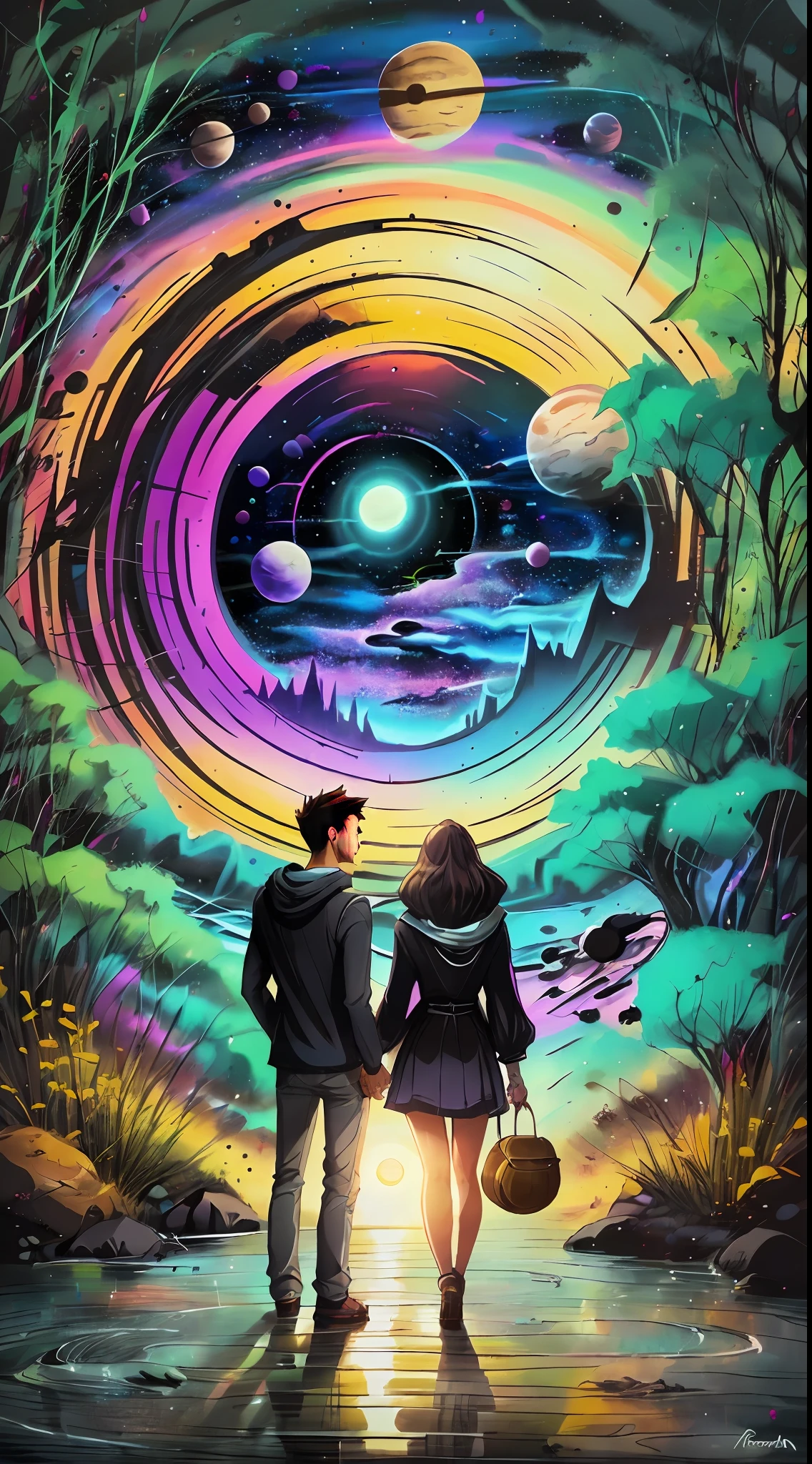 Girl and boyfriend, holding hands, home, Cozy large villa, Flowers, Plants, River, mountains, Wood, Lake, Love, heart, standing in front of a space portal overlooking the pink sun, Cyril Rolando and Goro Fujita, A portal to another universe, inspired by Cyril Rolando, Portal to another dimension, world, visible only through the portal, high quality fantasy stock photo, Portal to another world, Portal to outer space, in the style of Cyril Rolando,  Looking into space, universe, Magical Galactic Portal, The Cycle of the Stars, God, River, mountain, top, Cannabis, Marijuana