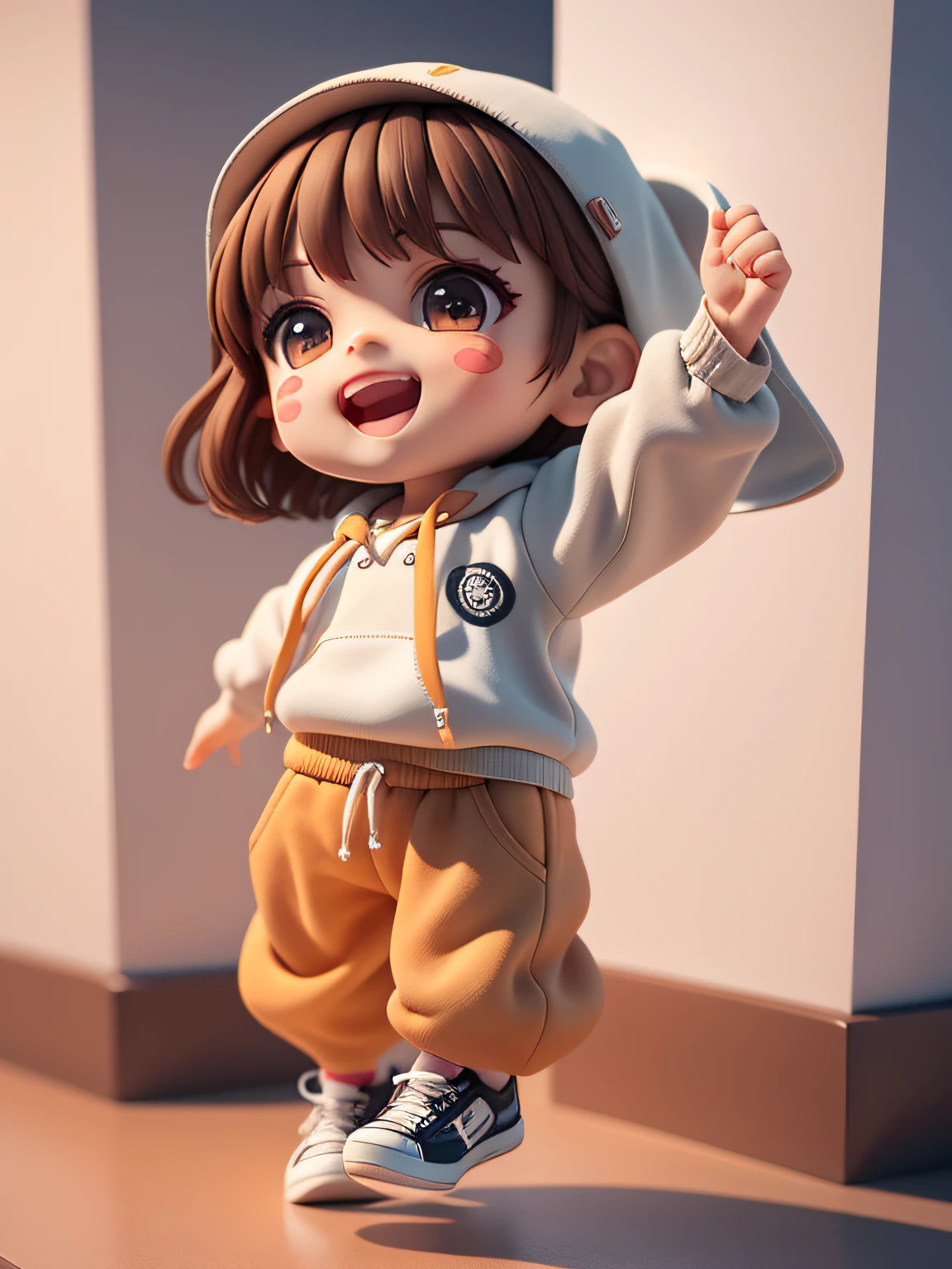 (Masterpiece), (Best Quality), (Ultra Detailed), (Full Body: 1.2), A Boy, Chibi, Cute, Smile, Open Mouth, Dancing, Dancing Hip Hop, Jumping Pose, Hoodie, Blush, Shirt, Short Hair, Brown Hair, Blush Stripe Sticker, Long Sleeves, Brunette Hair, Sneakers, Pants, 3D Clay Rendering, White Background, (Beautiful Detailed Face), (Beautiful Detail Eyes),