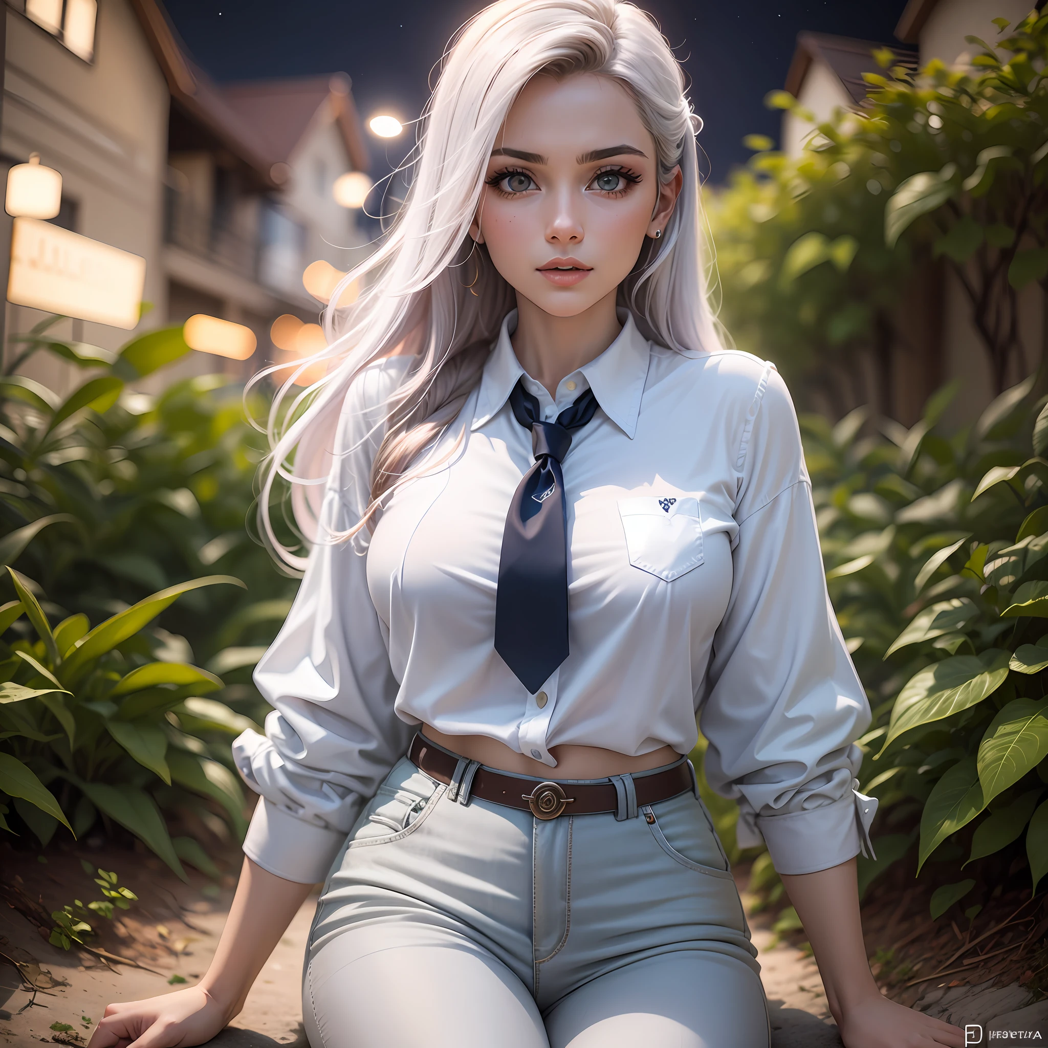 1garota,25anos, loira, olhos azuis, seios pequeno, usando um top, white collared pants,noite, 4k ,super realista, f1.8 6800 iso, hdr, fundo desfocado, cidade iluminada, --auto --s2