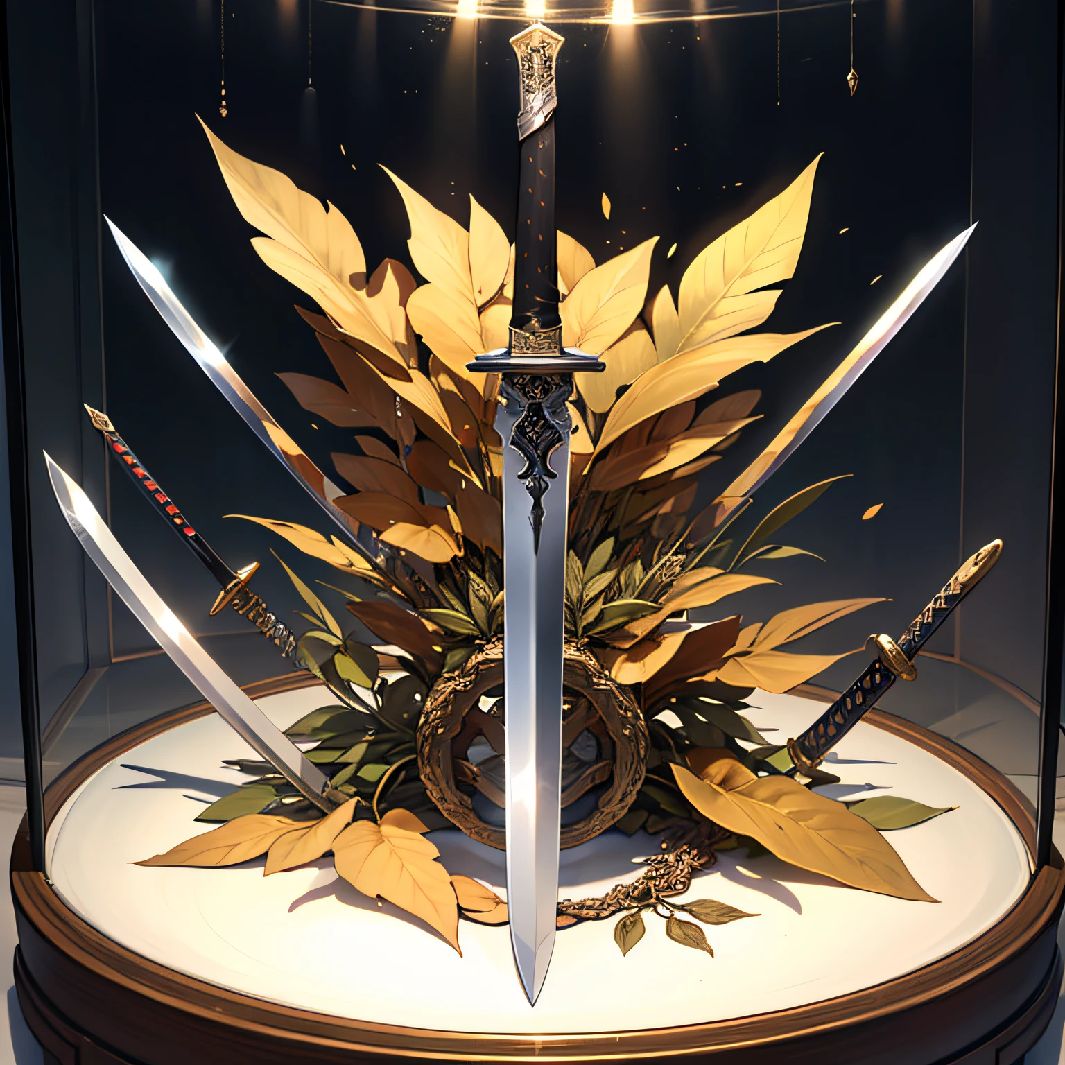 A sharp bronze sword sits in a glass display case in the museum，Anime style，ultra-details，Close up of a，Ancient Chinese swords，Flashing with cold light ，（Sword body：1.2）