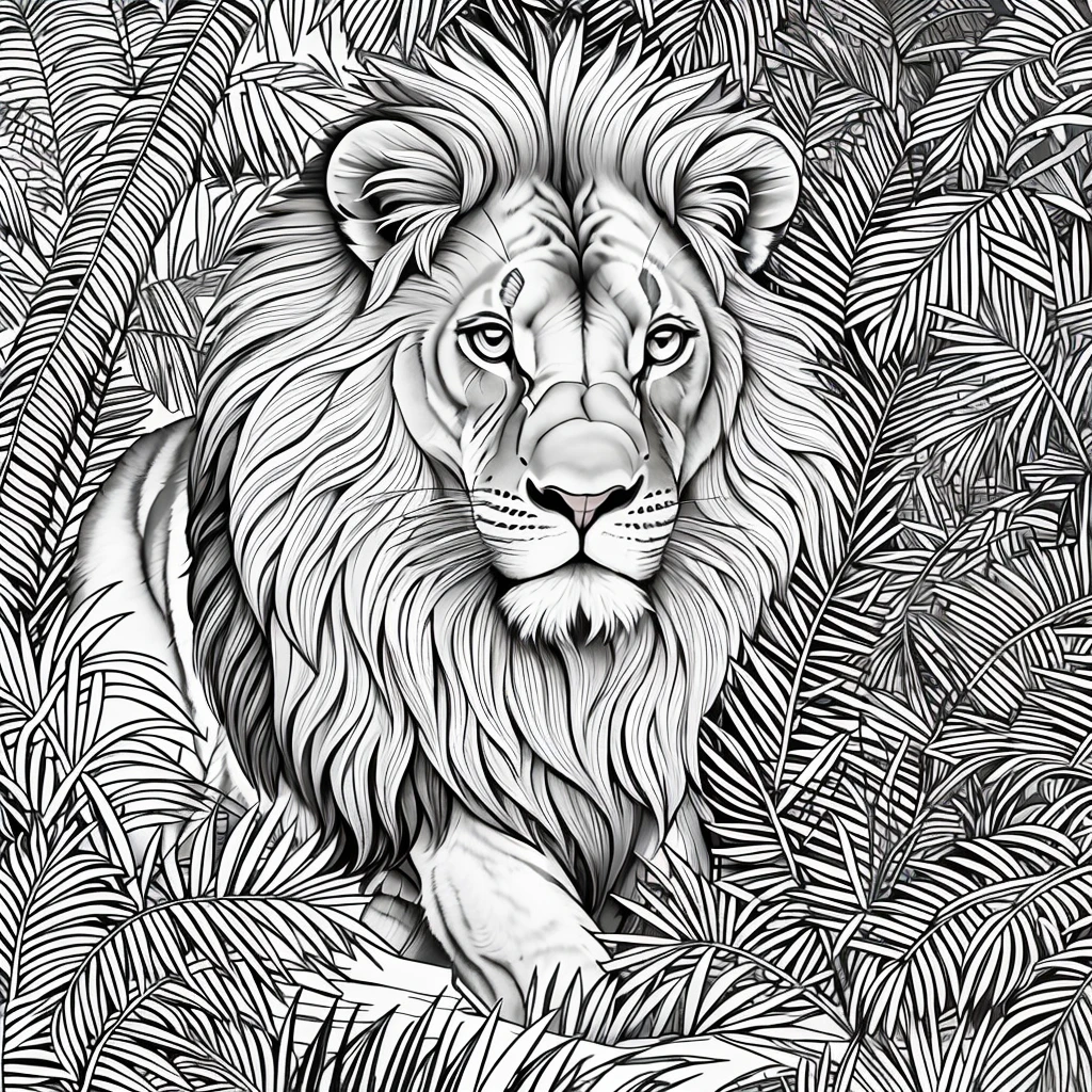 coloring page for kids, little lion in a jungle, line art , minimalist, low details, thick outline, black outline and white fill , on white background --no grey, shadow, shading, color --auto