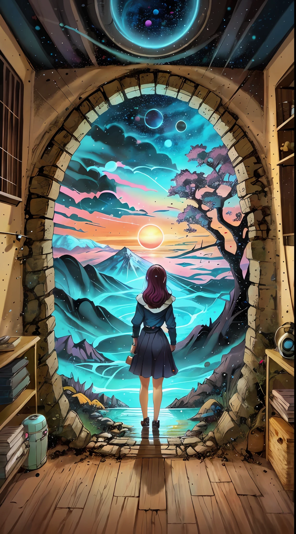 Girl and boyfriend, holding hands, home, Cozy cottage, River, mountains, Wood, Lake, Love, heart, standing in front of a space portal overlooking the pink sun, Cyril Rolando and Goro Fujita, A portal to another universe, inspired by Cyril Rolando, Portal to another dimension, world, visible only through the portal, high quality fantasy stock photo, Portal to another world, Portal to outer space, in the style of Cyril Rolando,  Looking into space, universe, Magical Galactic Portal, The Cycle of the Stars, God and Goddess, River, mountain, top, Cannabis, Marijuana