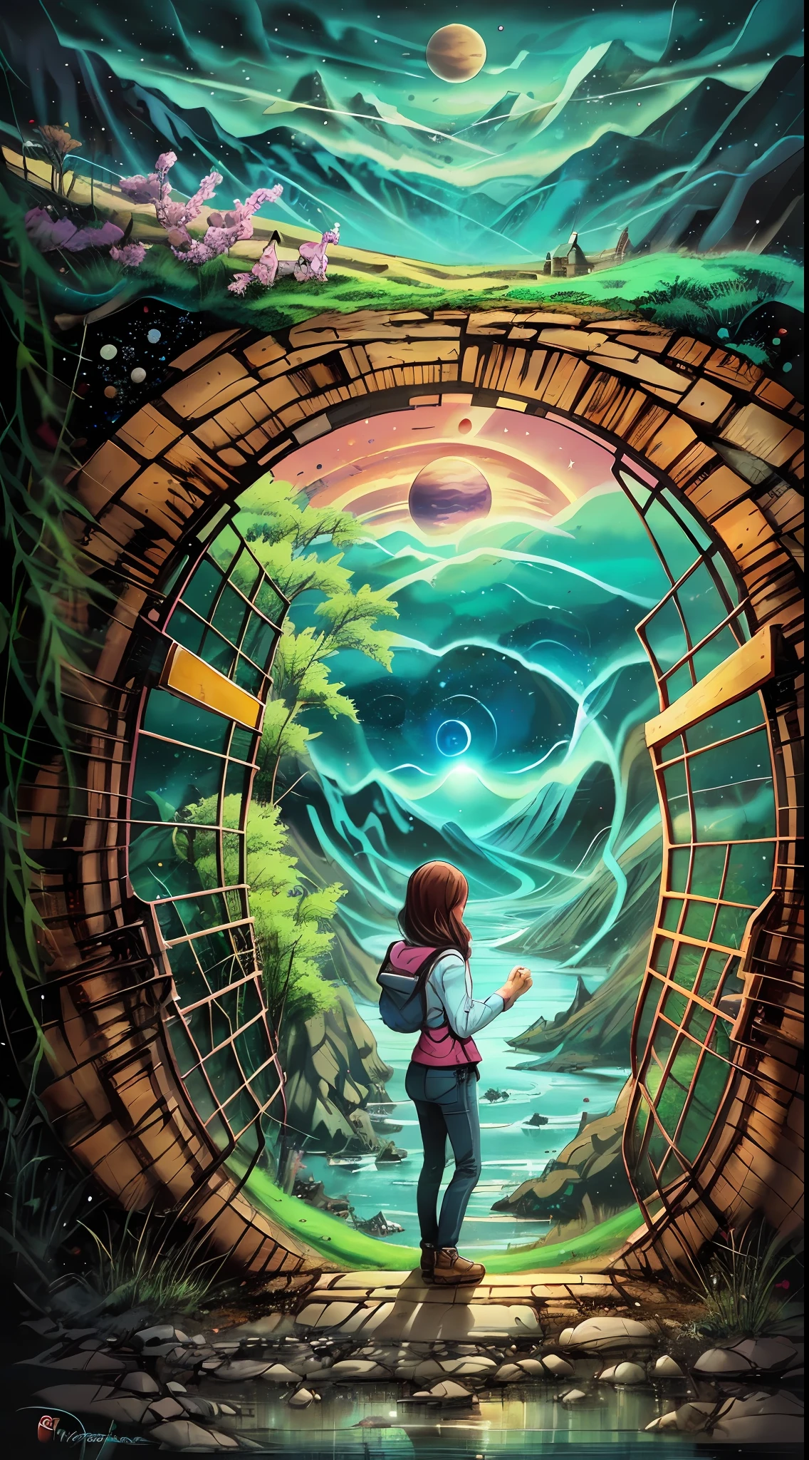 Girl and boyfriend, holding hands, home, Cozy cottage, River, mountains, Wood, Lake, Love, heart, standing in front of a space portal overlooking the pink sun, Cyril Rolando and Goro Fujita, A portal to another universe, inspired by Cyril Rolando, Portal to another dimension, world, visible only through the portal, high quality fantasy stock photo, Portal to another world, Portal to outer space, in the style of Cyril Rolando,  Looking into space, universe, Magical Galactic Portal, The Cycle of the Stars, God and Goddess, River, mountain, top, Cannabis, Marijuana