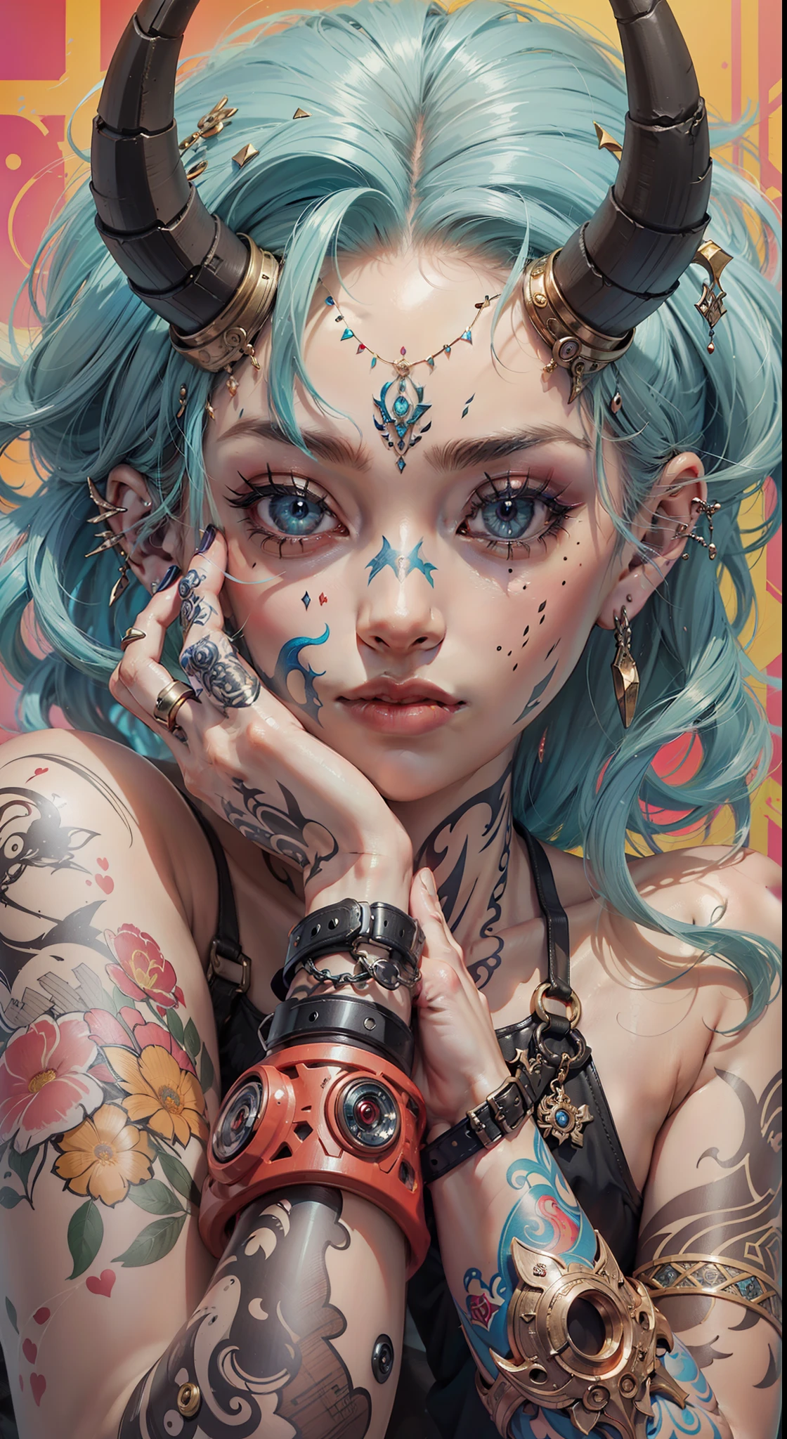 (Very detailed 8K wallpapers) ,a woman with tattoos and piercings on her face and arms, with a demon head on her forehead, Artgerm, stanley artgerm lau, cyberpunk art, fantasy art, intricated, high detial, dramatic