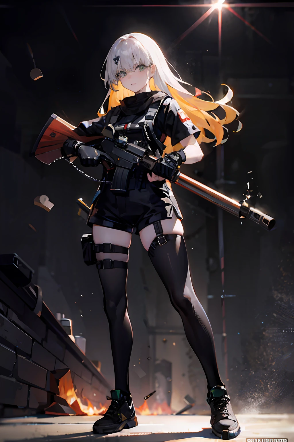 {{masterpiece, best quality, extremely detailed CG, unity 8k wallpaper, cinematic lighting, lens flare}}, a girl aiming a h&k hk416, wide view, full body, thick body, long blond hair, green eyes, (holding weapon, holding rifle,aiming,aim:1.4), gun, h&k hk416, carbine, open fire, firing,