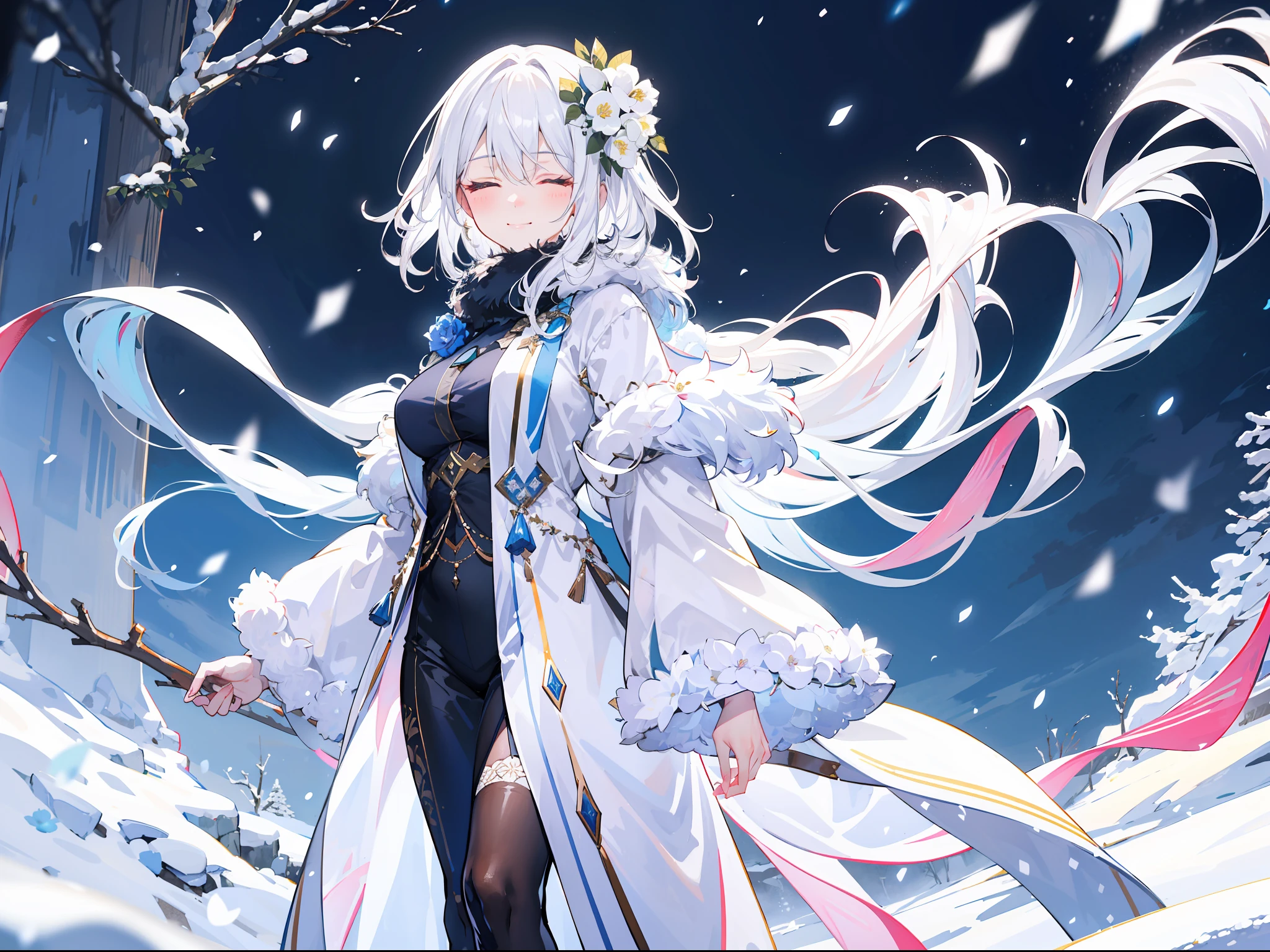 "Epic morning atmosphere, stunning 4k artwork featuring a mature woman with confident long white flowery white hair and closed two eyes and cute smile, she wears a white snow clothes with fur syal and standing on snow, her hair full flowery white flower"