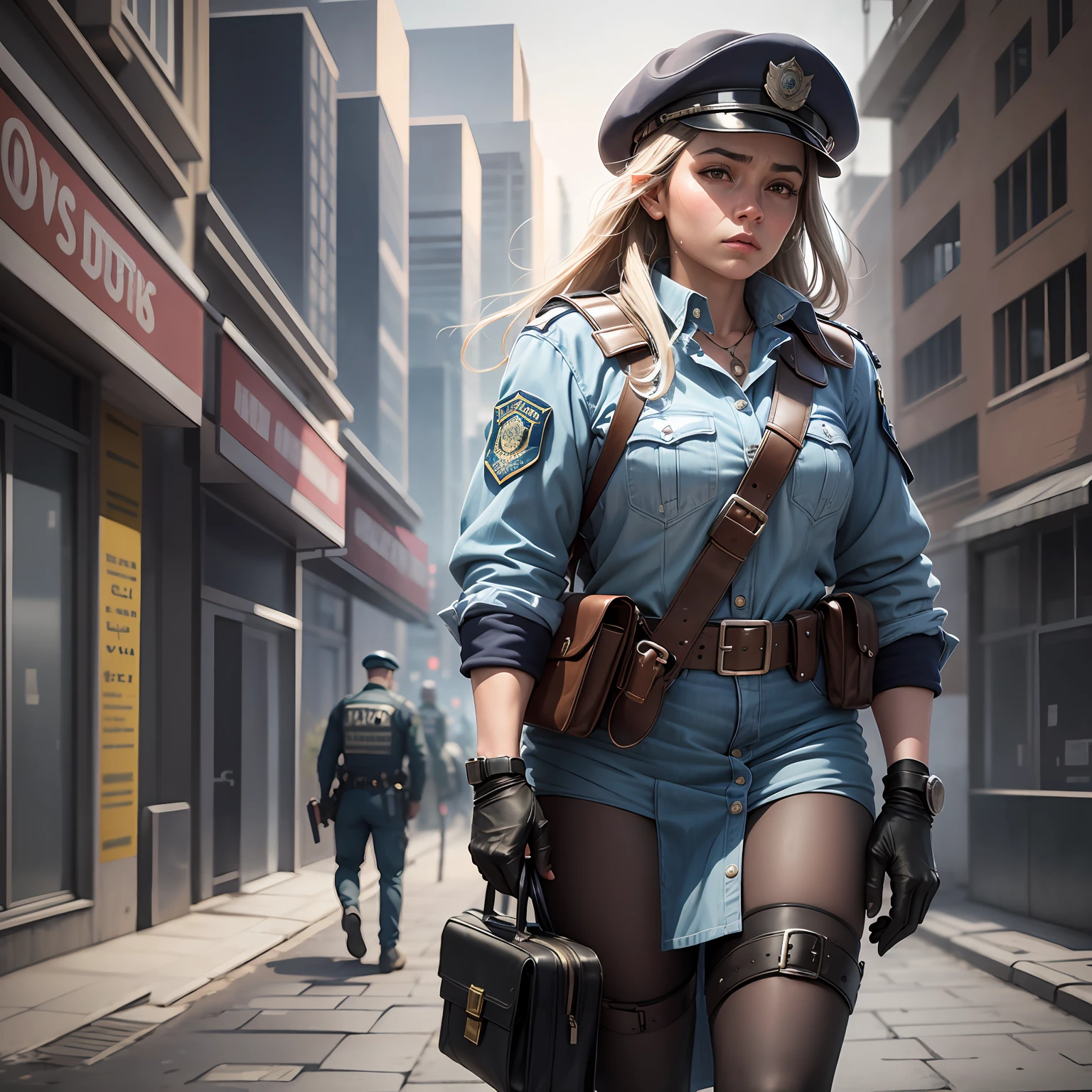 "Uma policial durona e atraente em um mundo aberto perigoso, com muito contraste e atmosfera noturna na cidade. Garota com roupas policiais, gun in hand and serious expression. Deserted street behind her, while the city is red-hot. Fogo, explosions and intense lights. Develop an exciting and dark scene from the universe of 'GTA Police Girl' with multiple layers and realistic details." --auto