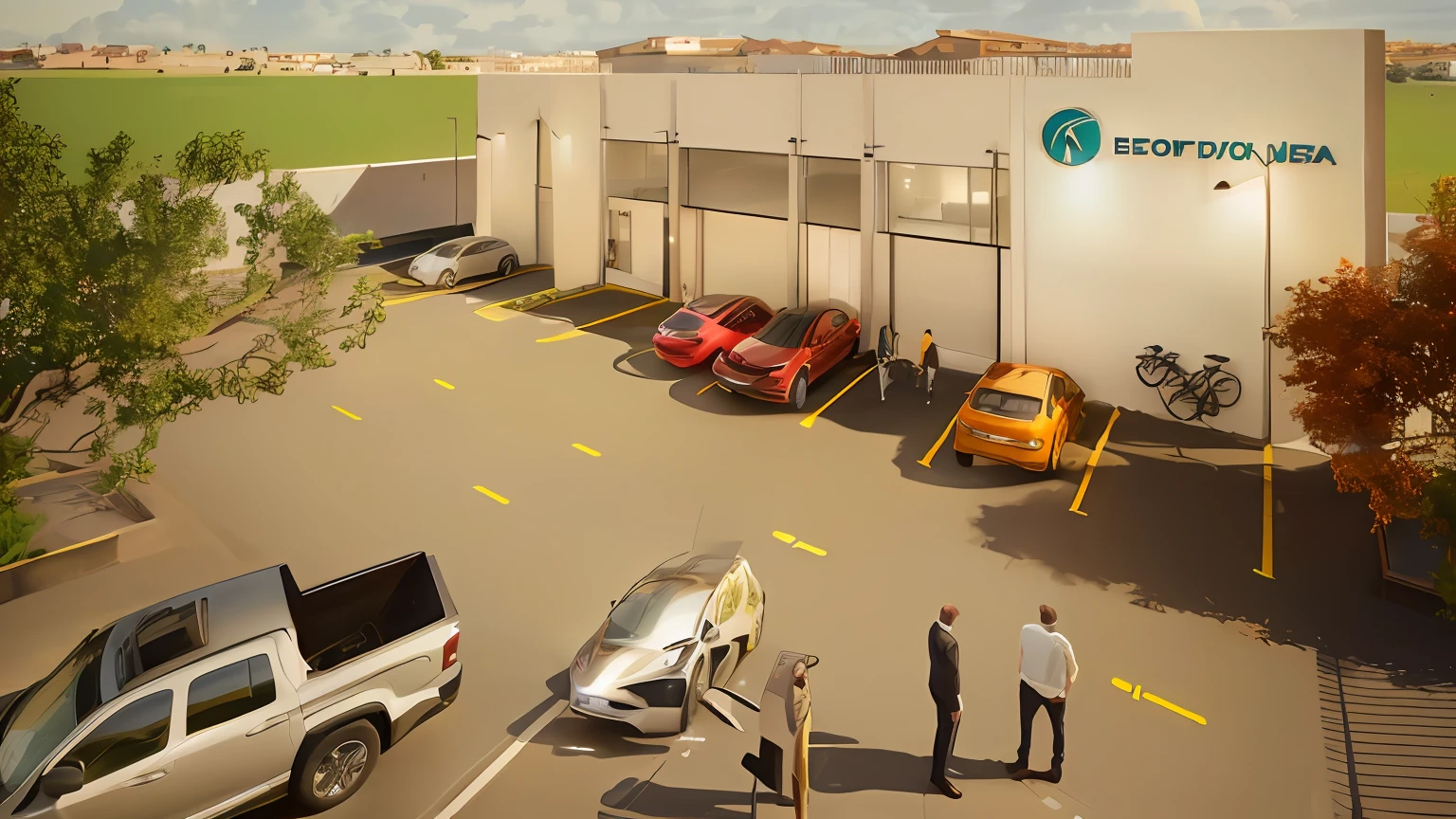 rendering of a car dealership with a lot of cars parked in front of it, photo render, tiro exterior, fechar o tiro de estabelecimento, artist impression, exterior grande angular 2022, artists impression, artist impression, conceptual rendering, commercial illustration, transportation design render, tiro largo, Rendering, estabelecendo tiro, Cena realista, arnold rendering, realista estabelecendo tiro --auto