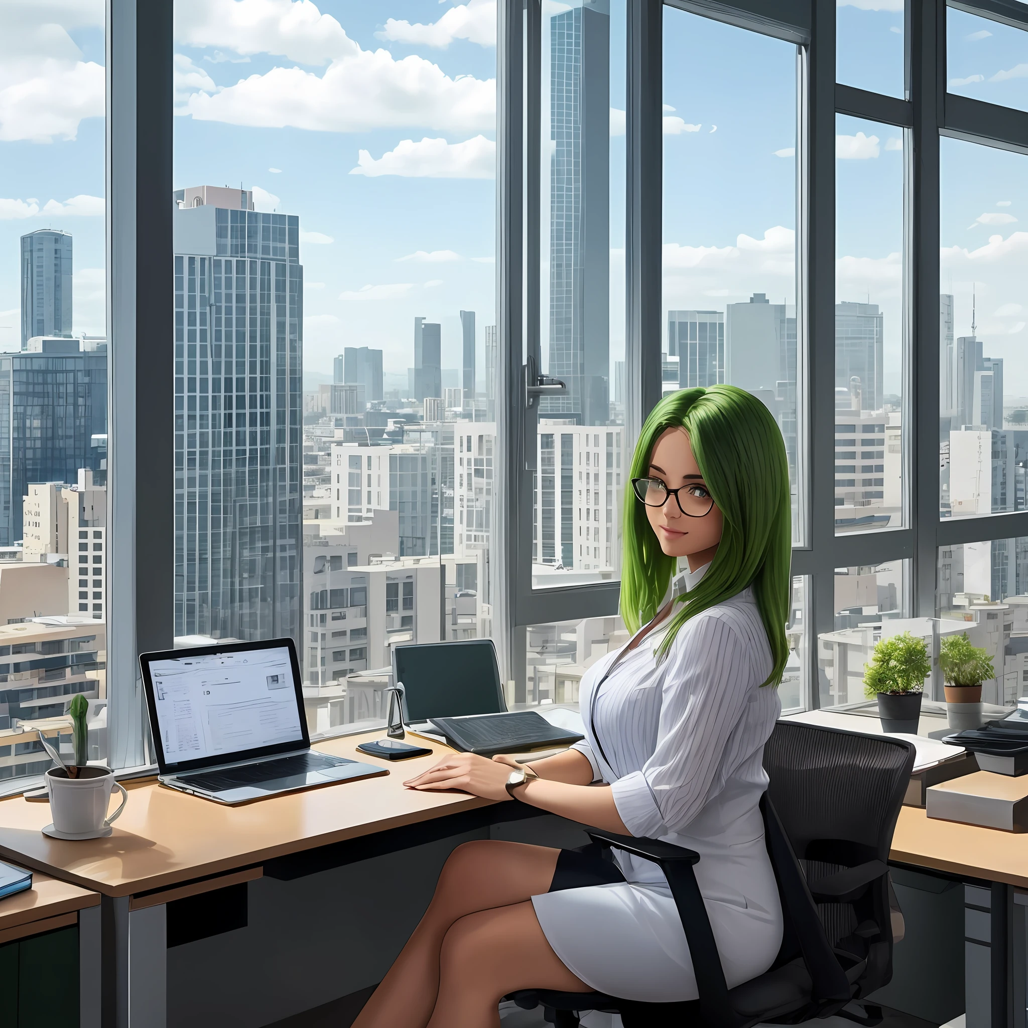 Mulher de cabelos loiro curto, com olhos verdes de oculos, social dress of work in office, Sitting on top of an office desk with sexy and captivating Olgar, olhos perfeitos, rosto perfeito, imagem de corpo inteiro, com sapato de salto, and in the office in the background a large, janela aberta com vista para uma cidade grande, imagem perfeita, alto detalhes, Foto realista --auto