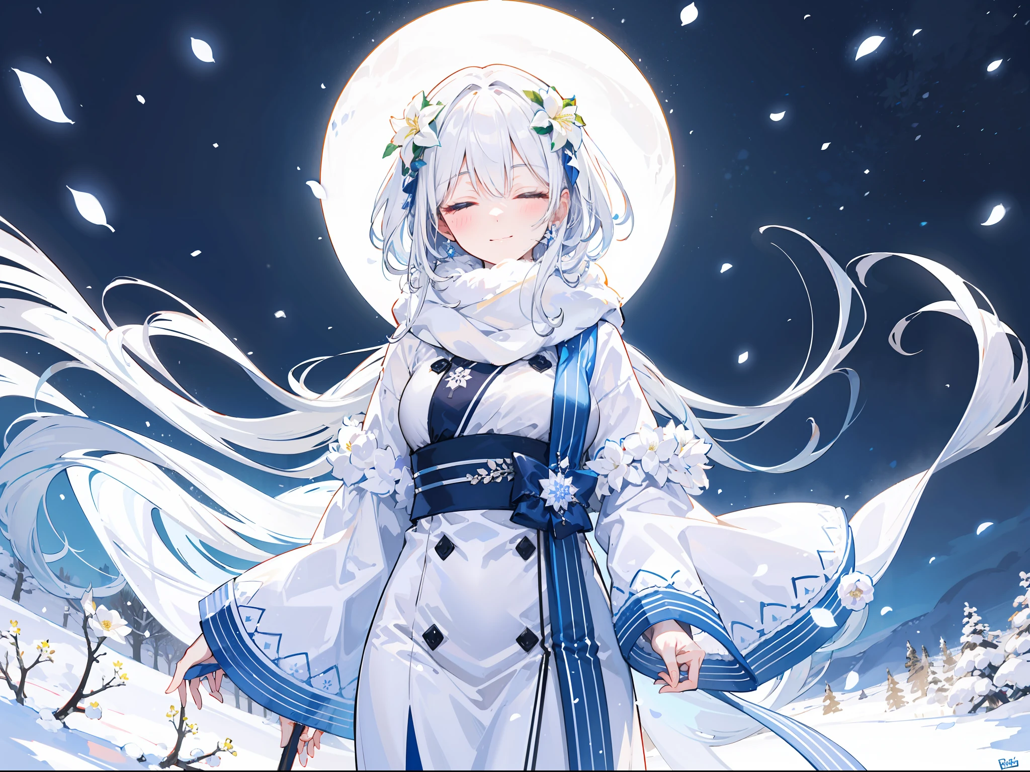 "Epic morning atmosphere, stunning 4k artwork featuring a mature woman with confident long white flowery white hair and closed two eyes and cute smile, she wears a modern white snow clothes with fur syal and standing on snow, her hair full flowery white flower"
