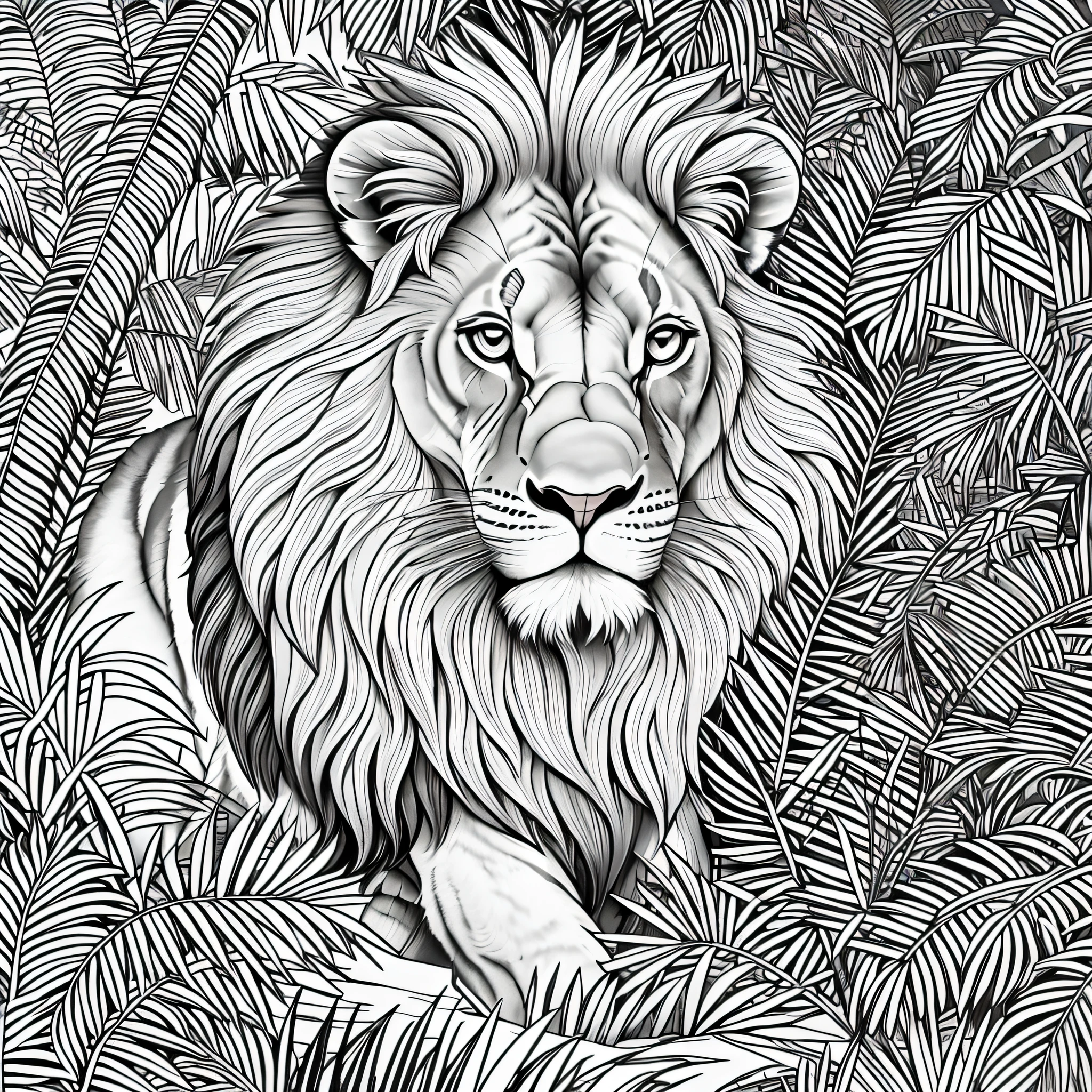 coloring page for kids, lion in a jungle, line art , minimalist, low details, thick outline, black outline and white fill , on white background --no grey, shadow, shading, color --auto