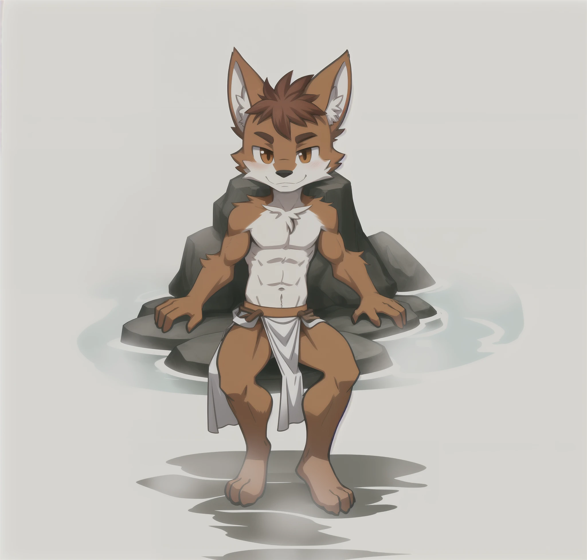 1 male furry, Thin body type,Orange fur，No shirt，The lower body is wearing a white loincloth，Sit on the right, Face to the left, and shyly sit in the hot spring