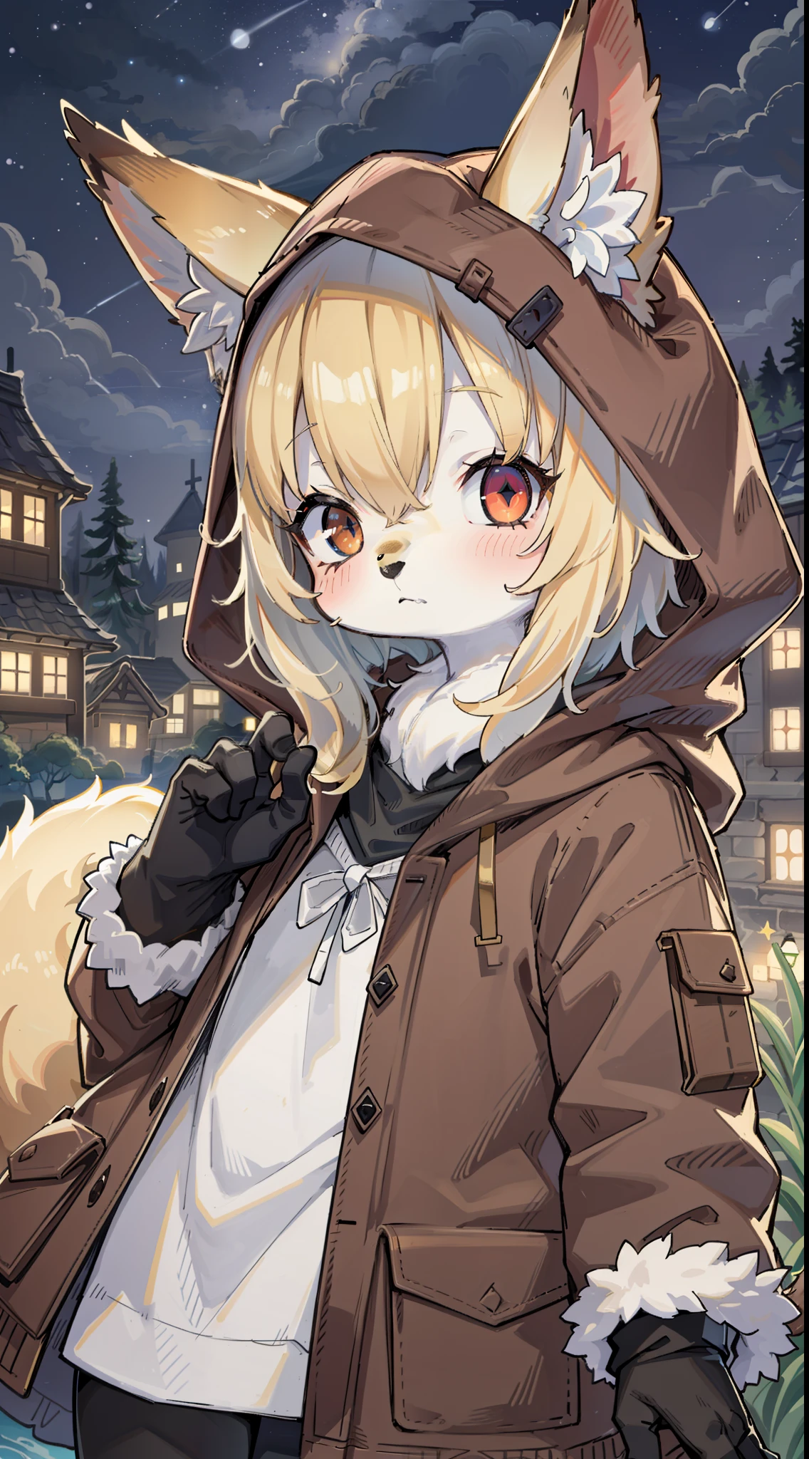 Fox Boy,was hairy,shaggy,Smoothes lashes,Skin fur,Golden fur,Forelimb hands,Golden ears,Golden face fur , Short blonde hair,Red eyes,Super cute face,Brown elements on fur,Brown hooded jacket brown hood up,Ambient light,Ultra-fine fur,volumettic light,Night,natural day light,Fluffy tail,Fluffy tail,nevando,Night,starry skies,seawall,crossed bangs, hair strand, Shiny hair,gloom (expression),Empty eyes,Sleepy,dark circles,35mm,sharp talons。High quality, high detailled, Best quality, Ultra HDR, Dark brown gloves