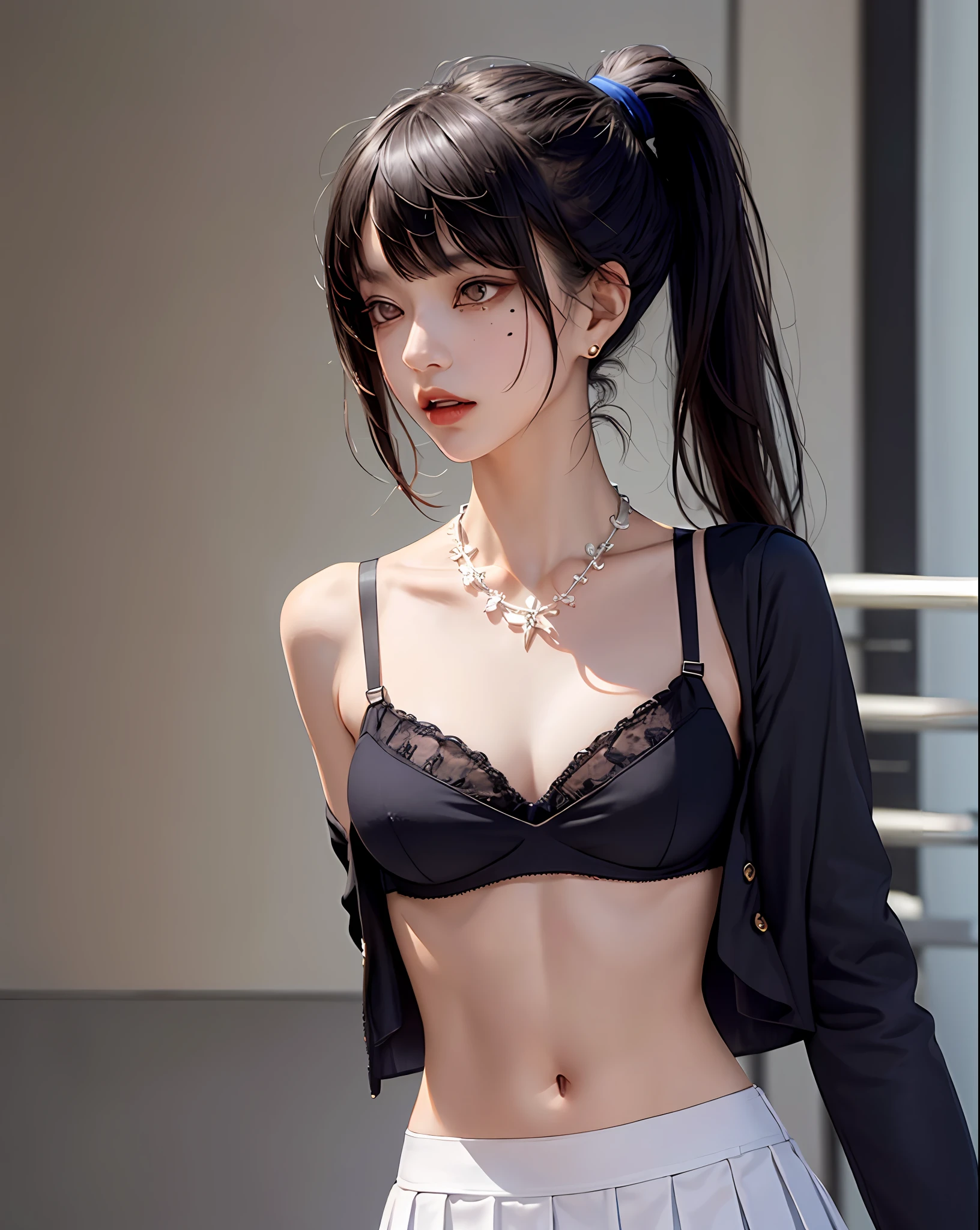 (Masterpiece, Best Quality, 1 Girl, Solo, Intricate Detail, Chromatic Aberration), (Reality), (Skin), 1 Girl Shizuku High Ponytail, ((Middle Breath)), (Brunet, Blunt Bangs), Detailed Hair, Red Heador, Blue Highlight, Hair More Than One Eye, Red Eye, Small Earrings, Sharp Eyes, Necklace, ((Black Crop Top Openwork)), (Symmetrical Eyes), (Perfectly Symmetrical Body), ((Natural Light))), Backlit, against gray walls, dim lighting, standing, (looking at the audience), ((Center shot, from the front, (face and waist) pronounced chest line Deep V realistic, high resolution, 1 girl, black wavy hair, small mole under the eyes, white shirt, black pleated skirt, pronounced chest line, long legs, tight abs, dynamic pose, catwalk Chest line Black pleated skirt Jacket revealing white bra Navel eyes High ponytail