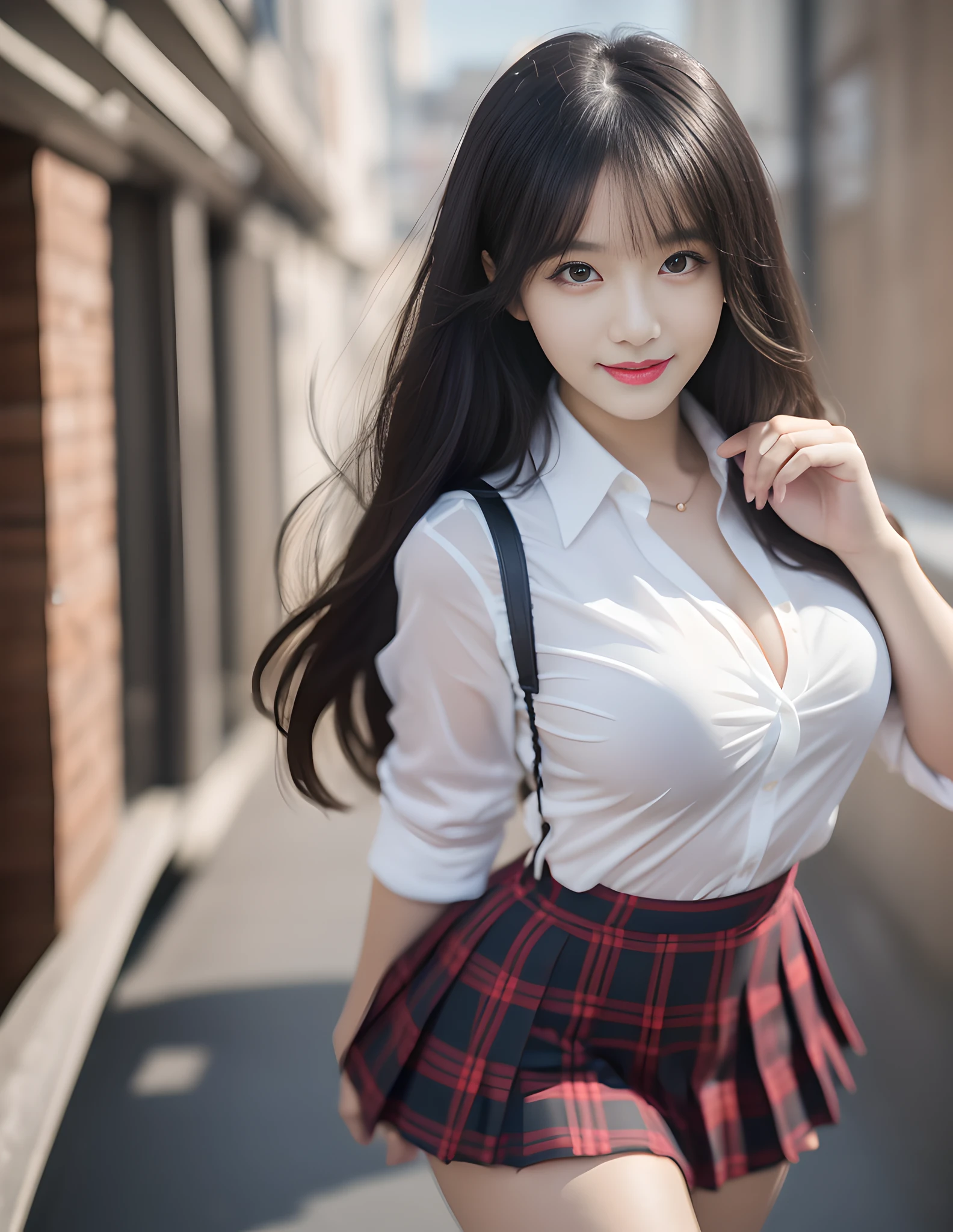 ((Best Quality, 8K, Masterpiece: 1.3)), (ultra high res:1.2),(RAW photo:1.2), (sharp focus:1.3), (face focus:1.2), elegant, Super Cute Beautiful Woman, 1 Girl, (Beautiful Breasts:1.3), medium breasted, (Abs, Slender Figure: 1.1), Sharp Focus, (((Intricate Details)), High Detail, Upper Body, One Girl, Black Straight Hair with bangs, Korean Schoolgirl Uniform, White collard shirt, Red knee-length Pleats Skirt, 8K, 8K Resolution, clean detailed face, Detailed Body, Detailed Clothes, Sharp Images, looking the viewer, facing the viewer, attractive model pose, seductive smile, pink lipstick, bokeh, field of depth, 8 life size, 8k resolution, upper body image, shot on EOS 5D Mark IV, 35mm lens, f1.8,