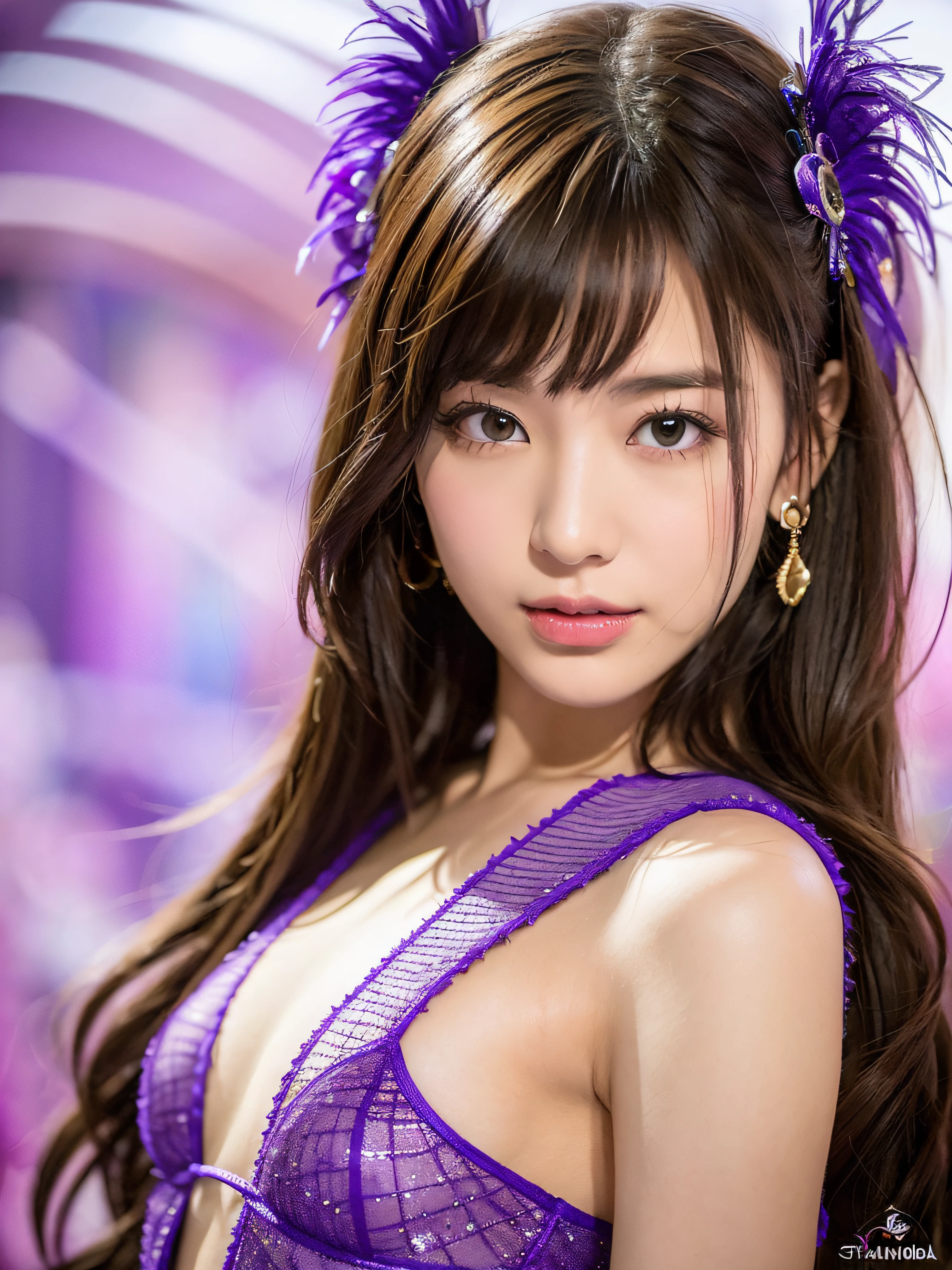 (Masterpiece:1.3), (8k, Photorealistic, RAW Photography, Best Quality: 1.4), high contrast, (((1girl))), A pretty woman with perfect figure :1.4, Cute face, Beautiful Face, (Realistic Face), Beautiful Hairstyle, Realistic Eyes, Beautiful Details, (Realistic Skin), Beautiful Skin, Attractive, Ultra High Definition, Ultra Realistic, Very Detailed, (small breasts:1.3), (cleavage:0.8), Japanese, semi-long curly hair, bangs, (Brown hair, small breasts:1.3), ((slim figure:1.2)), slim face, Small buttocks, gentle smile, (((purple samba carnival costume))), at the samba carnival, slightly slender face
