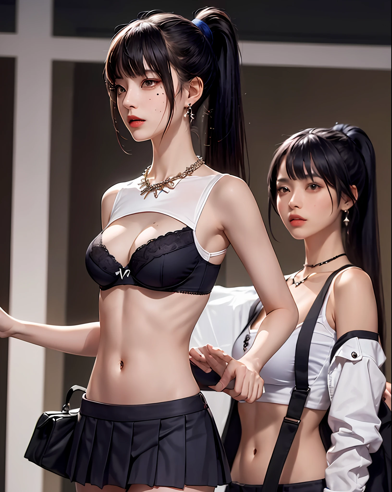(Masterpiece, Best Quality, 1 Girl, Solo, Intricate Detail, Chromatic Aberration), (Reality), (Skin), 1 Girl Shizuku High Ponytail, ((Middle Breath)), (Brunet, Blunt Bangs), Detailed Hair, Red Heador, Blue Highlight, Hair More Than One Eye, Red Eye, Small Earrings, Sharp Eyes, Necklace, ((Black Crop Top Openwork)), (Symmetrical Eyes), (Perfectly Symmetrical Body), ((Natural Light))), Backlit, against gray walls, dim lighting, standing, (looking at the audience), ((Center shot, from the front, (face and waist) pronounced chest line Deep V realistic, high resolution, 1 girl, black wavy hair, small mole under the eyes, white shirt, black pleated skirt, pronounced chest line, long legs, tight abs, dynamic pose, catwalk Chest line Black pleated skirt Jacket revealing white bra Navel eyes High ponytail