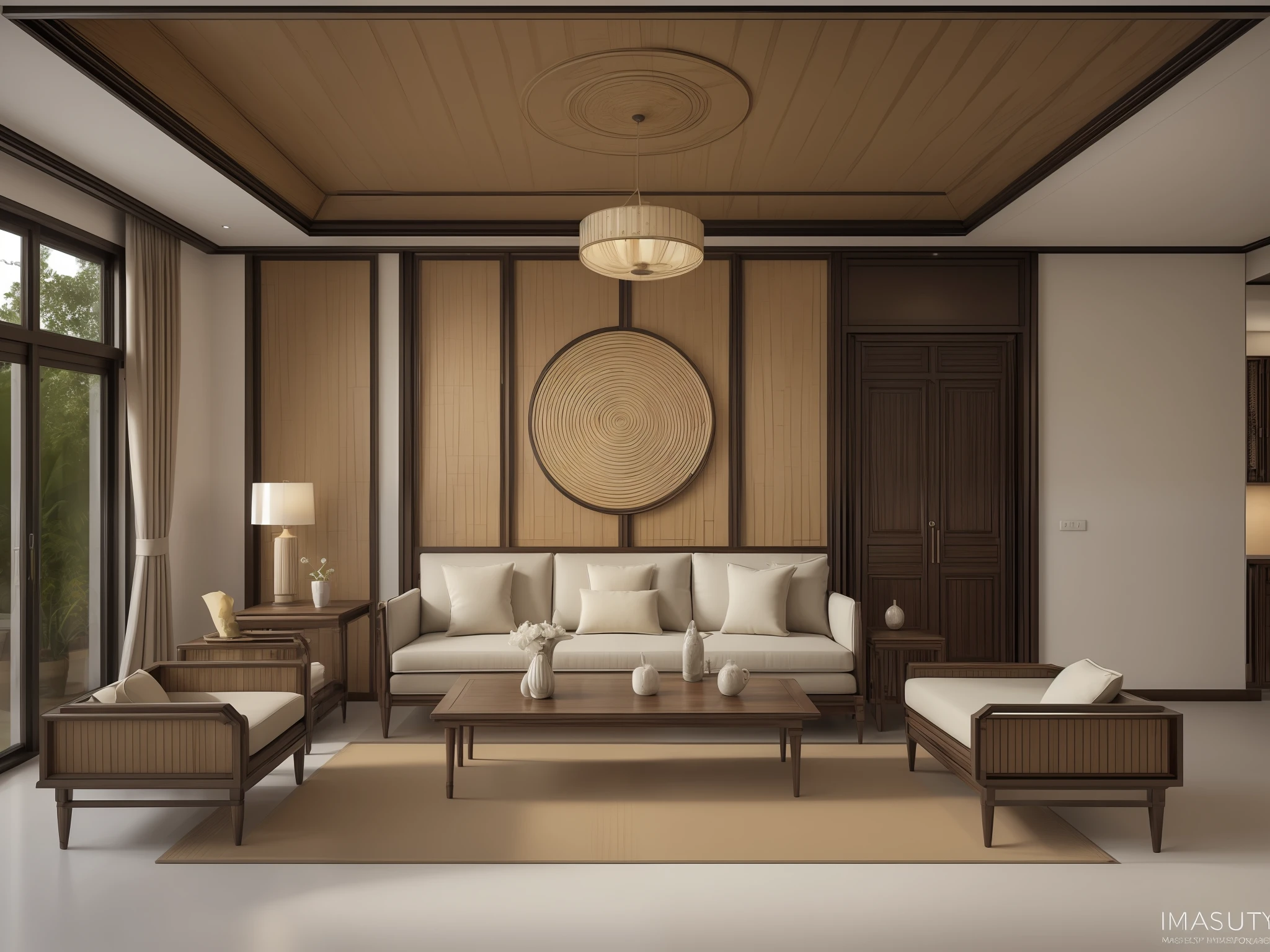 ((Best quality, 8k, Masterpiece :1.3)), Sharp focus :1.2, (Living room indochina design: 1.3), (photo realisstic: 1.2), (hyperdetails: 1.2), 1 chair, oriental classical pattern wall paneling, 1 classical altar, 2 ottomans, style cabinets Indochina, orange wall, indoor, black painted wooden furniture, indochina pano door, (Ceiling made of rattan and plasterboard), daylight, Unreal Engineer 8K, full HD 8K