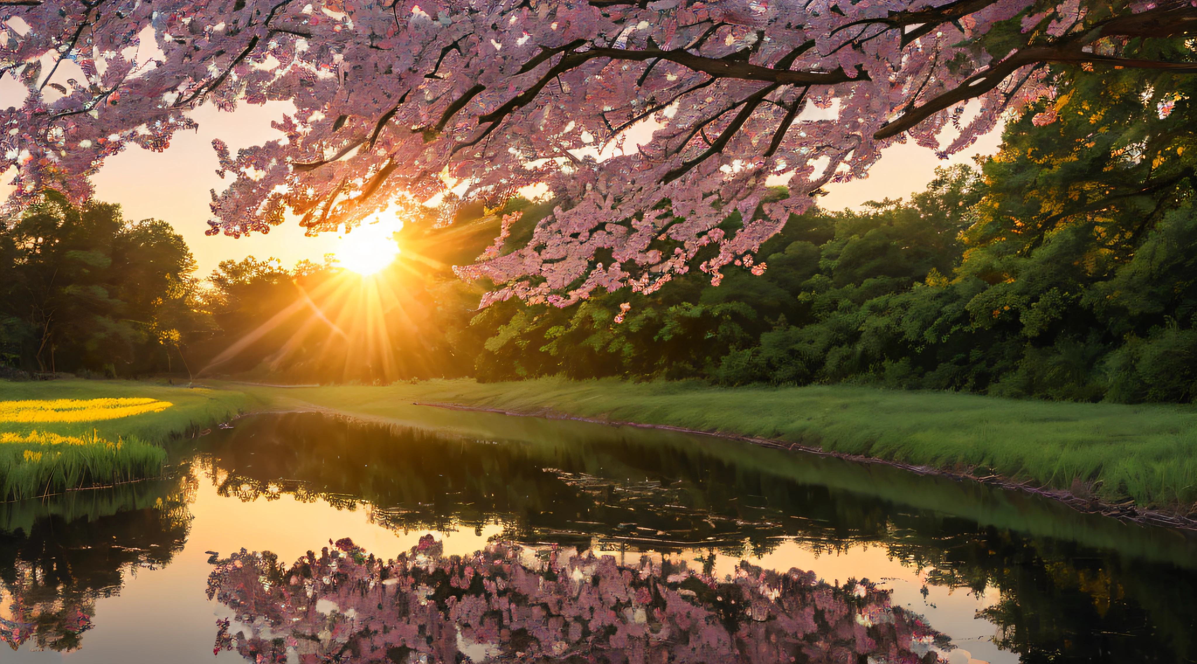 Cherry tree of leaves in spring sunset near a river where reflected the realistic sun 8k, ((melhor qualidade)), ((obra-prima)), ((realista)), (1 mulher elfa alta, de cabelo branco), corpo inteiro, olhos verdes, rosto feminino, (segurando uma espada e escudo), com armadura da rainha, com capa forrada de pele, Aura Real, trending on ArtStation, sharp-focus, Studio photo, detalhe intrincado, muito detalhado, olho detalhado, illustation, muito detalhado, sharp-focus, digital render, profissional, 4k, (obra-prima, qualidade superior, melhor qualidade, Arte Oficial, jewelry crown: serious pose, de frente para um castelo, fim de tarde, (sun sunset), de frente para o espectador,