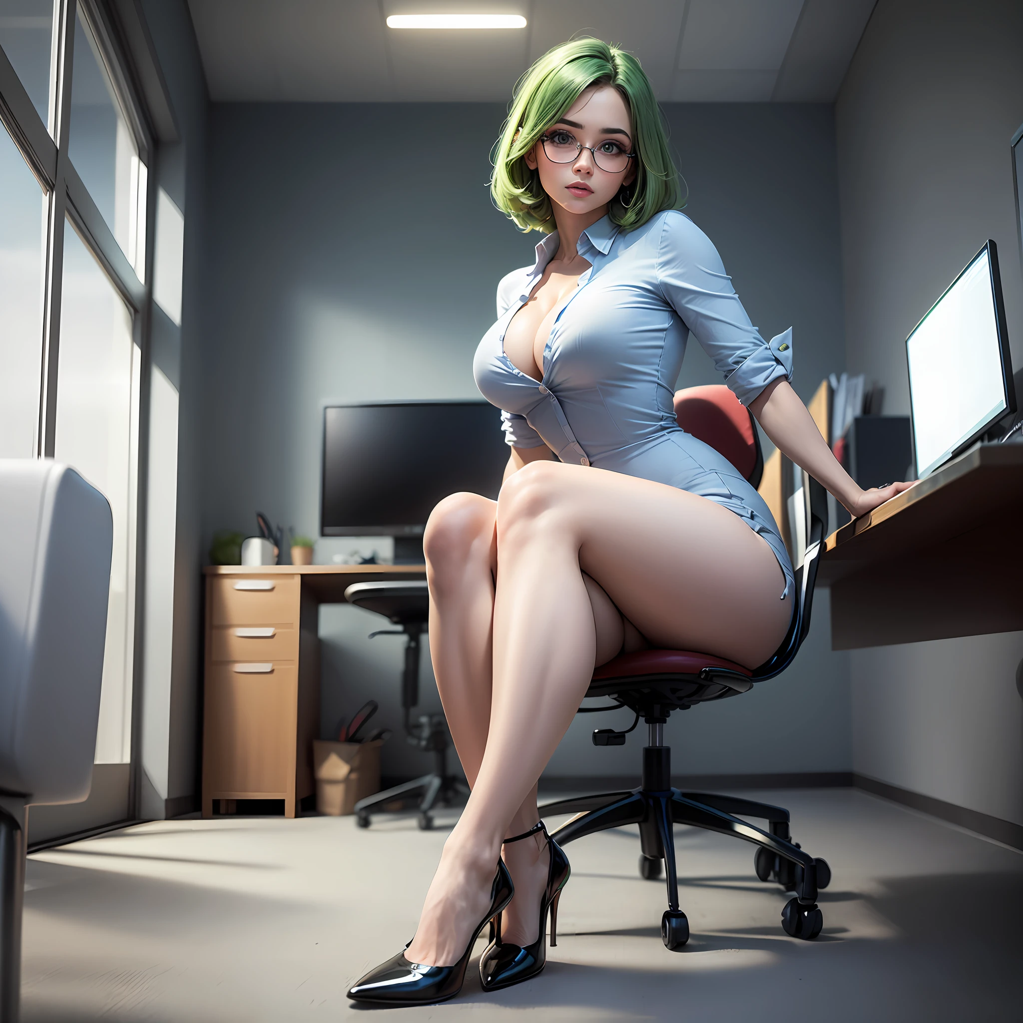 Mulher de cabelos loiro curto, com olhos verdes de oculos, social dress of work in office, Sitting on top of an office desk with sexy and captivating Olgar, olhos perfeitos, rosto perfeito, imagem de corpo inteiro, com sapato de salto, and in the office in the background a large, janela aberta com vista para uma cidade grande, imagem perfeita, alto detalhes, Foto realista --auto