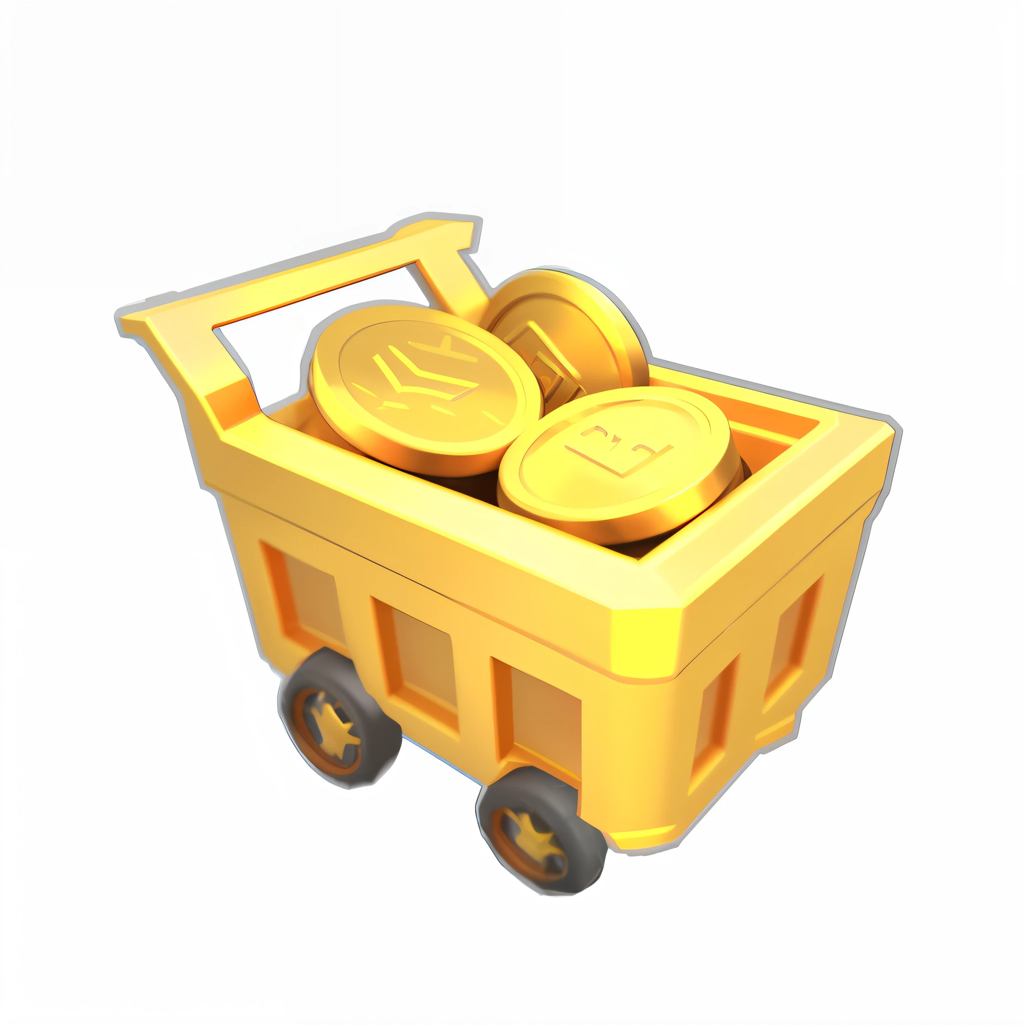 There was a yellow trolley，Inside there are coins on wheels, mine cart, 3 d icon for mobile game, Gold, cart, Mining, mines, item art, shining gold, heavy jpeg artifact blurry, game icon asset, crashcart, with many gold coins, video game item, minor blur, game assets, platinum, realistic gold, intricate mine
