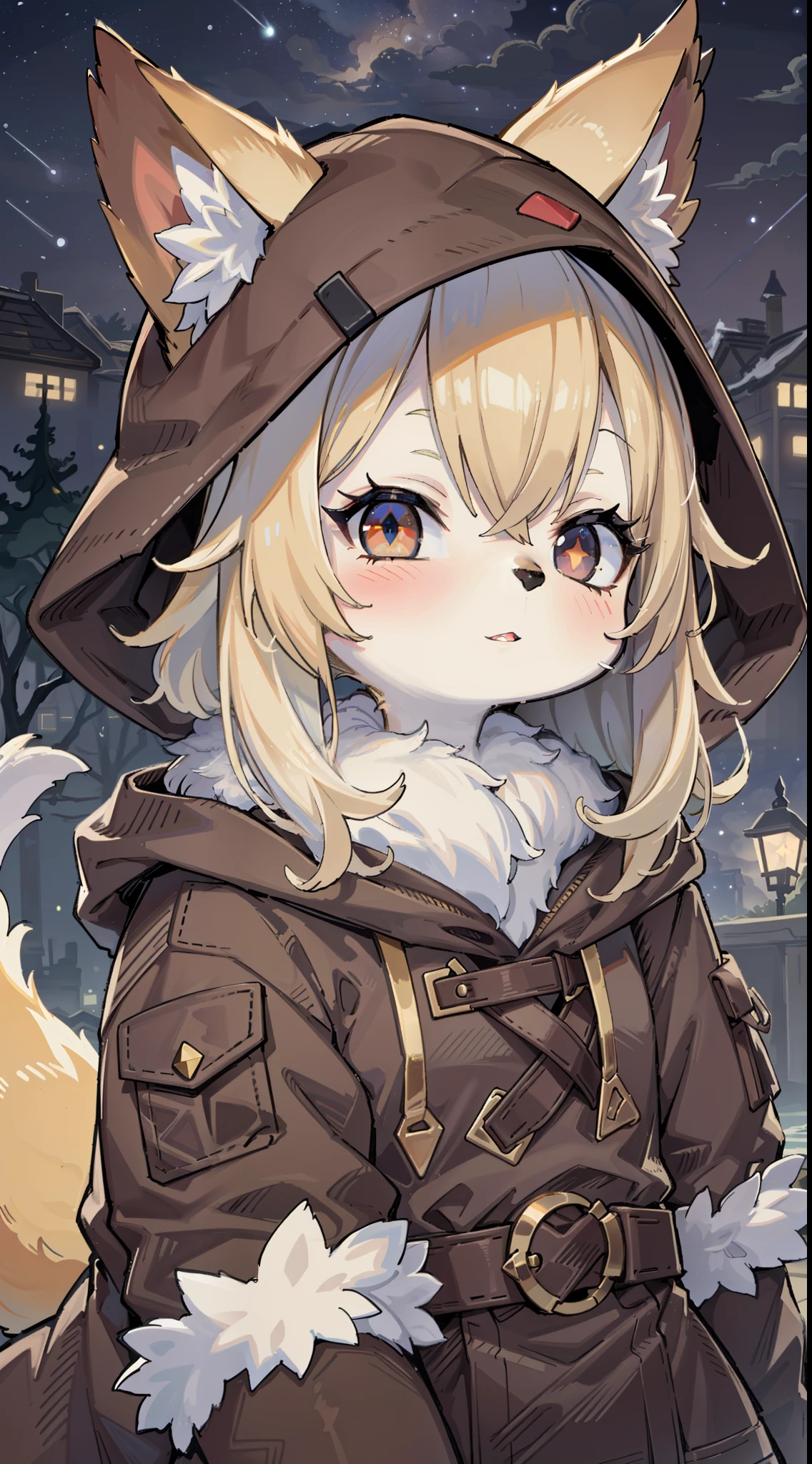 Fox Boy,was hairy,shaggy,Smoothes lashes,Skin fur,Golden fur,Forelimb hands,Golden ears,Golden face fur , Short blonde hair,Red eyes,Super cute face,Brown elements on fur,Brown hooded jacket brown hood up,Ambient light,Ultra-fine fur,volumettic light,Night,natural day light,Fluffy tail,Fluffy tail,nevando,Night,starry skies,seawall,crossed bangs, hair strand, Shiny hair,gloom (expression),Empty eyes,Sleepy,dark circles,35mm,sharp talons。High quality, high detailled, Best quality, Ultra HDR, Dark brown gloves,light smile, parted lips