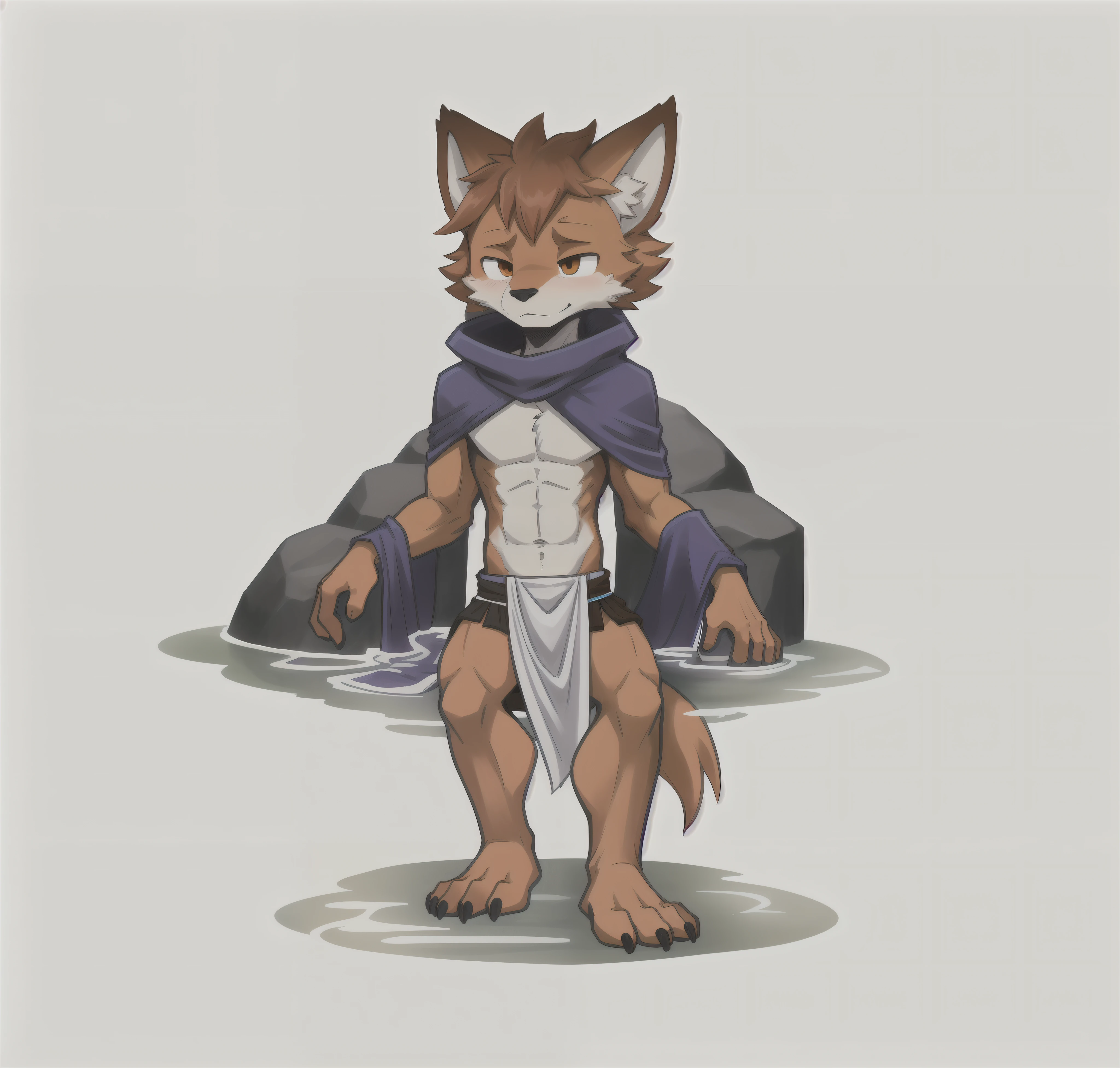 1 male furry, Thin body type,Orange fur，No shirt，The lower body is wearing a white loincloth，Sit on the right, Face to the left, and shyly sit in the hot spring