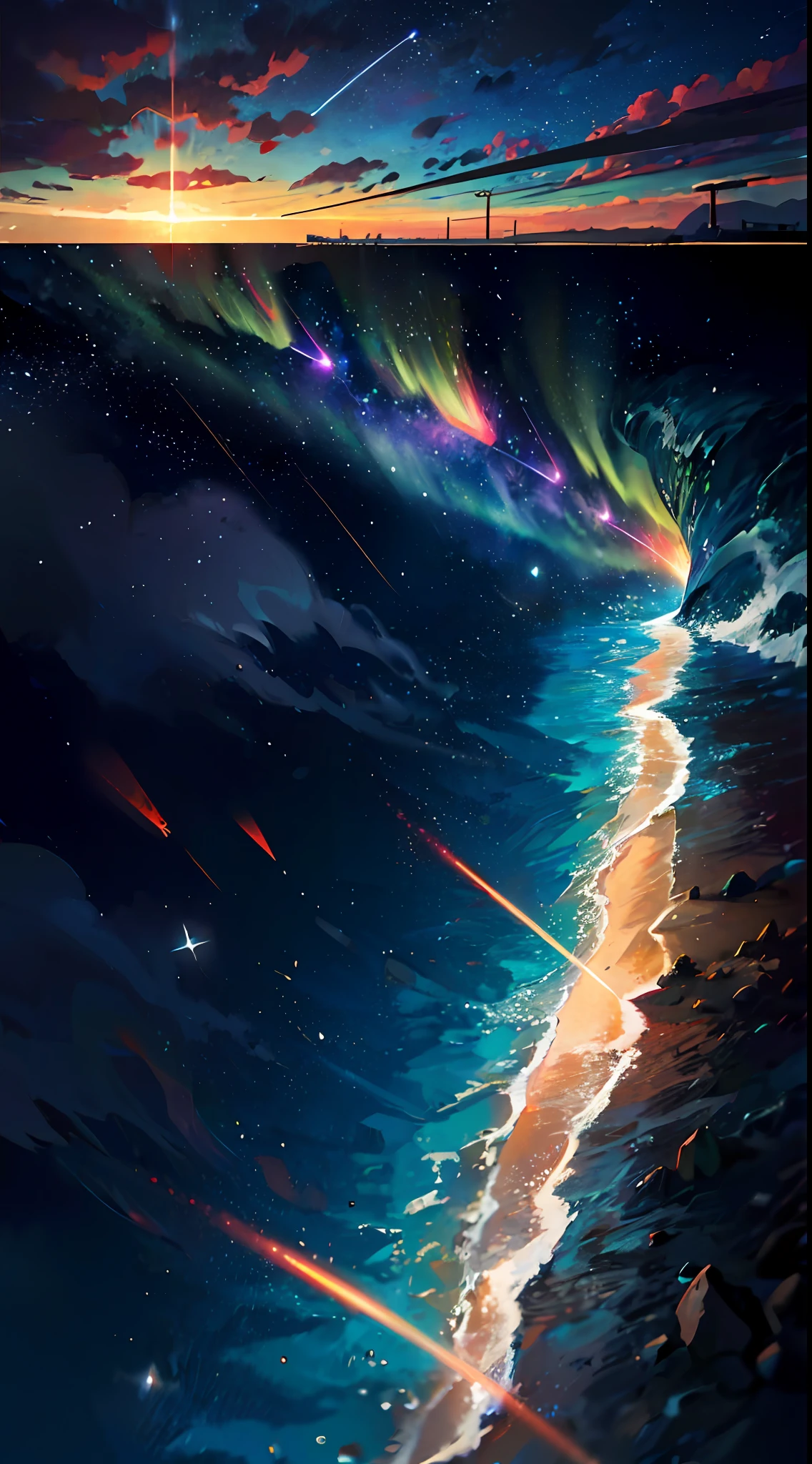 (zoom:1.1), (meteor shower:1.2), (comet:1.1), low angle, arora borealis, shooting star, top quality, masterpiece, clouds, colorful, southeast Asian beach, summer, seascape, small islands