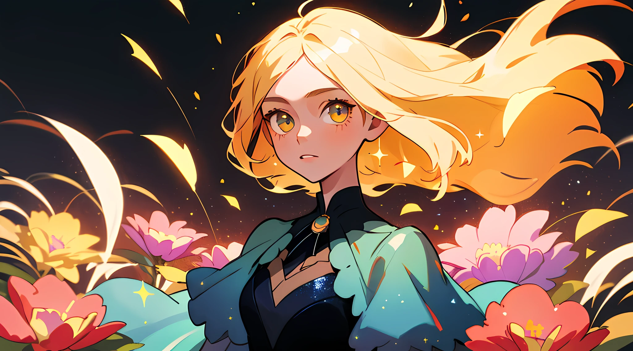 (best quality, masterpiece), 1girl, galaxy, glitter, dress, particle, wind, flower, upper body, dark simple background, looking at viewer, blonde,