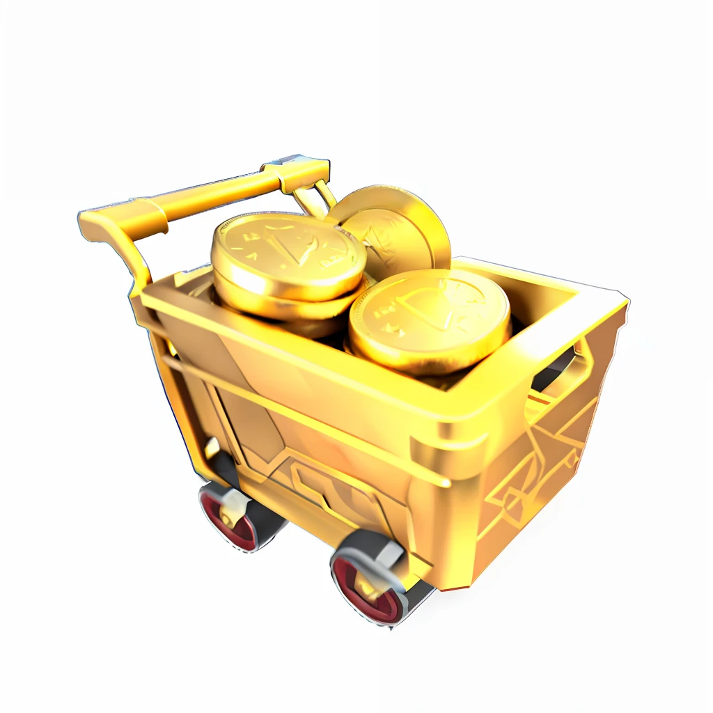 There was a yellow trolley,Inside there are coins on wheels, mine cart, cart, Gold, item art, Mining, 3 d icon for mobile game, with many gold coins, shining gold, rpg item, mines, game icon asset, gold and treasure, treasure, crashcart, shopping cart icon, realistic gold, game assets, shopping cart, ultra rare