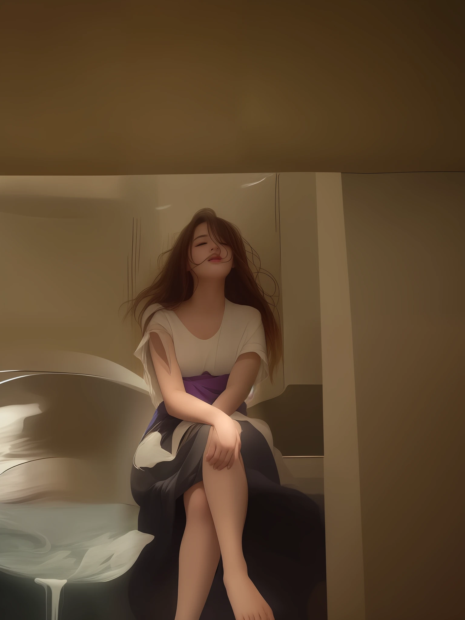 a girl,Tall and tall,Looks like Liu Yifei,wearing white robes,Hanfu,Bow your head and hug your knees,Tiptoe off the ground,Suspended in the underwater aquarium world,Long black and shiny hair flew upwards and fluttered away,The 3mm long hair and backlit water surface form a certain huge whirlpool,The wind blows upwards and the clothes flutter,Schools of red fish surrounded curiously,Ancient wind,Chinese wind,masterece-piece,Best image quality,Delicate facial features,More details,8K resolution,Unity rendering,cool tone,illustration,Glow,Blue eyes clear,Lips slightly open,The expression is clear , Beautiful and romantic ,The artistic conception is beautiful,((Face the face positively to the audience,full body in shot,The angle is slightly upward,Perfect composition)),