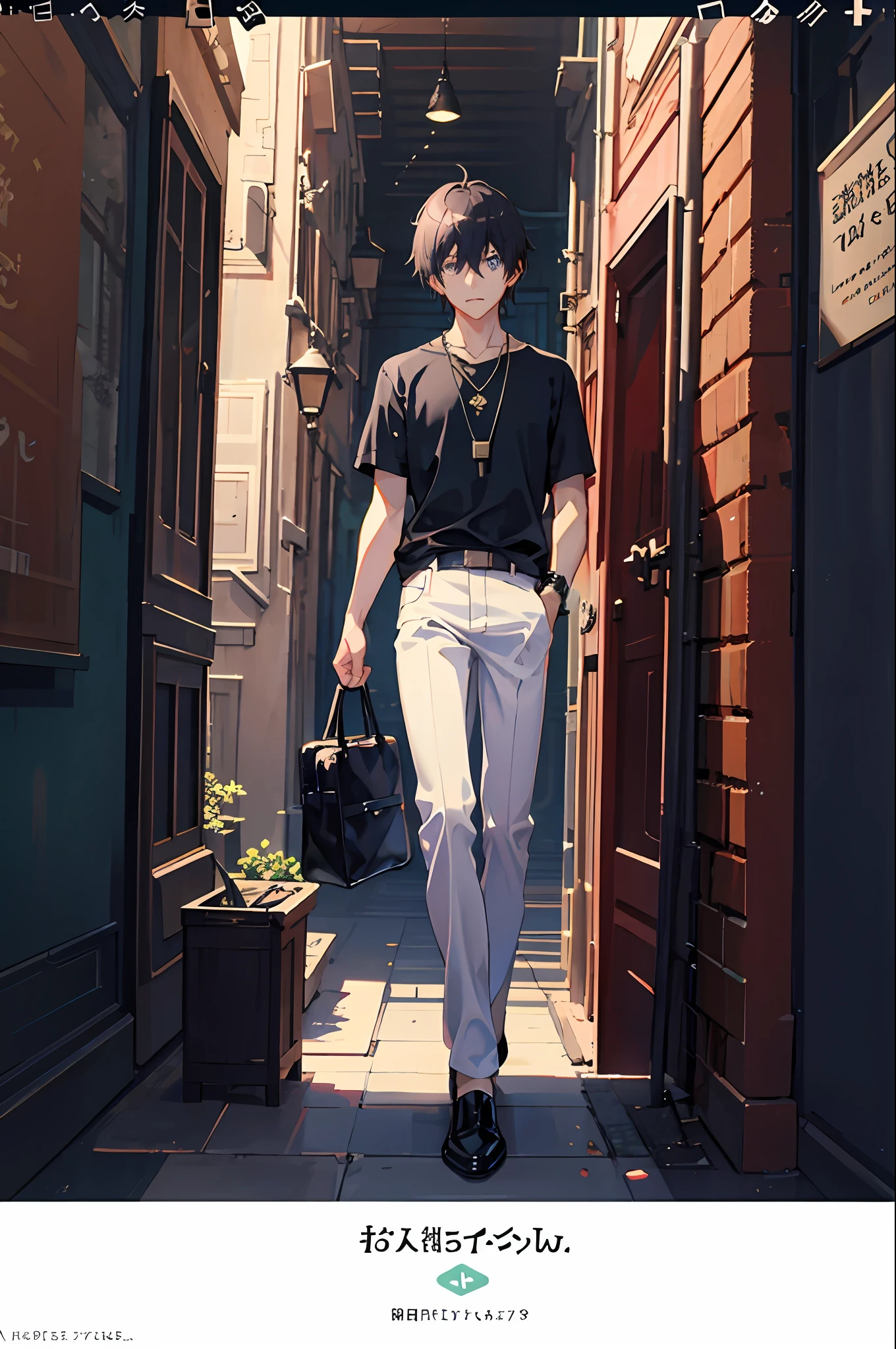 1boy, apple, bag, bangs, berry, black hair, black shirt, blue eyes, hair between eyes, jewelry, leaf, looking at viewer, male focus, necklace, pants, shirt, solo, watch, white pants, wristwatch, messy hair, trending on artstation, 8k resolution, highly detailed, anatomically correct, sharp image, digital painting, concept art, trending on pixiv, style of makoto shinkai,