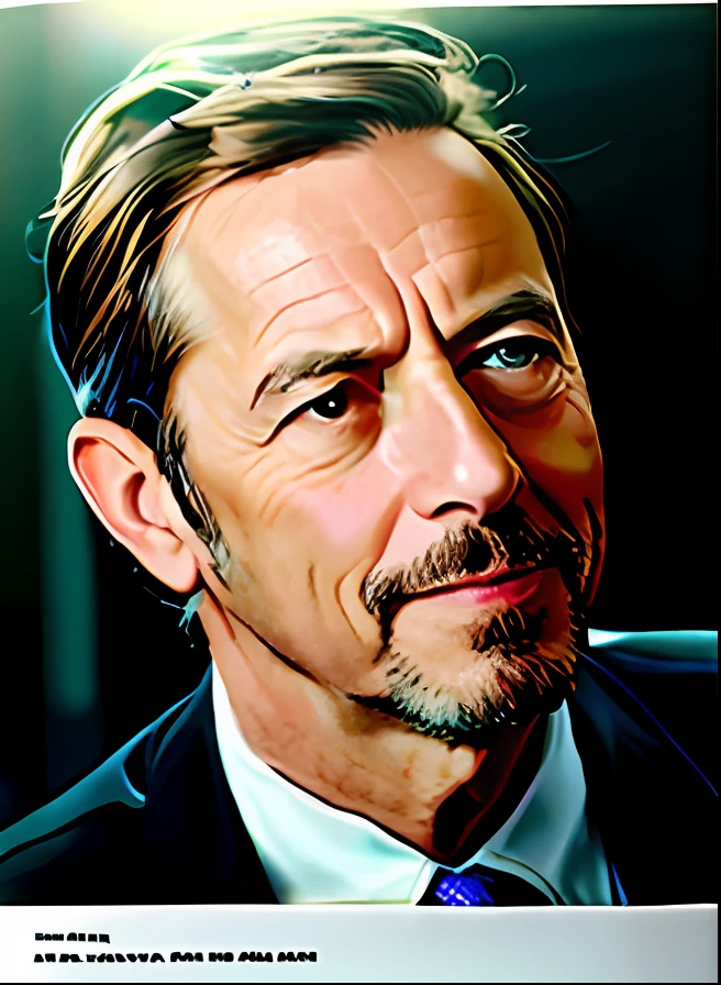 Uma foto colorida de um homem de terno e gravata, Alan Watts, Retrato de Alan Watts.