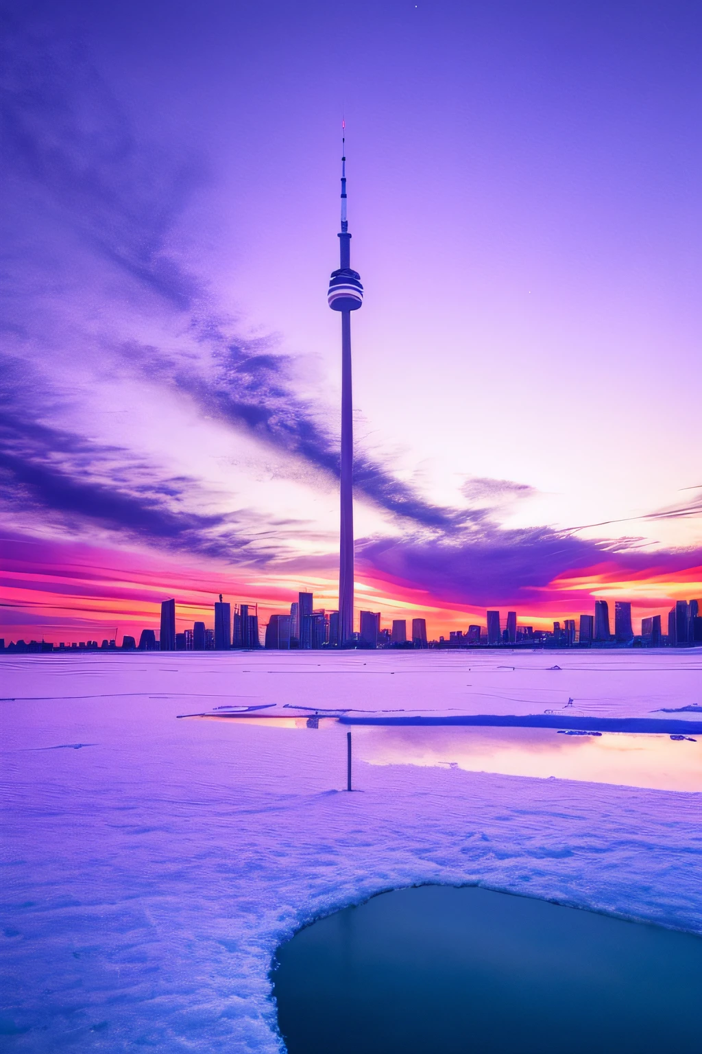 purple and pink sky over a city with a frozen lake, toronto, toronto city, the city of toronto, cold sunset, beautiful cityscape, violet and yellow sunset, ethereal starlit city at sunset, purple sunset, at purple sunset, purple beautiful sky, city twilight landscape, twilight city on the background, city sunset, purple sky, twilight skyline, purple omnious sky