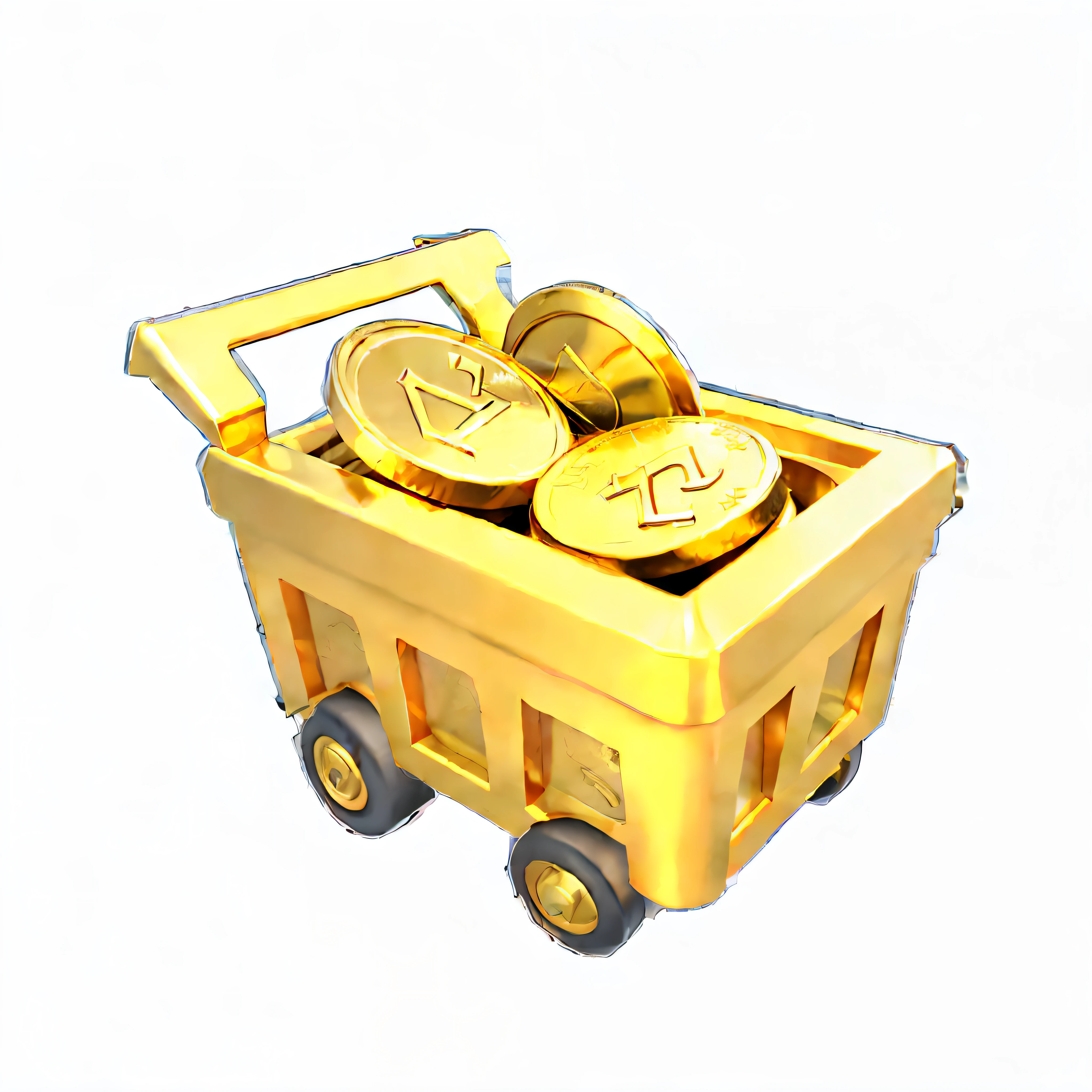 a close up of a cart with coins in it, mine cart, cart, Gold, with many gold coins, Mining, 3 d icon for mobile game, shining gold, crashcart, item art, gold coins, has gold, holding gold, coin, shopping cart, cryptocurrency, shopping cart icon, gold and treasure, mines, treasure, salasi, chariot