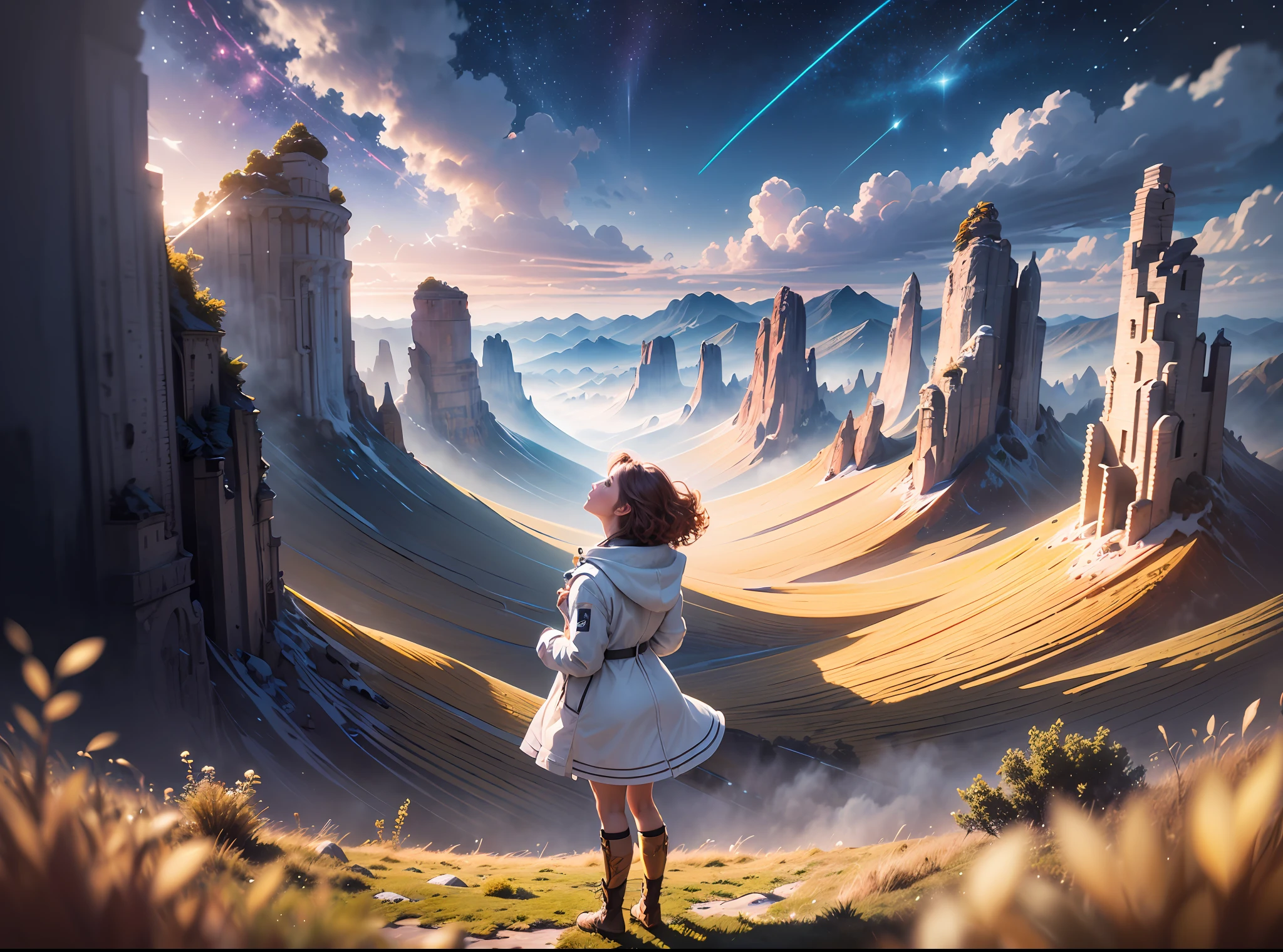 (award winning 64k concept art:1.3) of (young woman looking up standing over the valley:1.2), close to camera,  in white jacket, sweet, front, epic, god rays, (masterpiece:1.4), (best quality:1.4), Amazing, highly detailed, beautiful, finely detailed, warm soft color grading, (Depth of field:1.4), extremely detailed 64k, fine art, (valley in the background), stunning, (light reflections:1.2), (crisp:1.6), gold short curls, vibrant, starry sky, (edge detection:1.4), absurdres, impressive, 120mm, extremely clear, lens flare, motion lines, symmetrical clothes, wide shot, wide angle