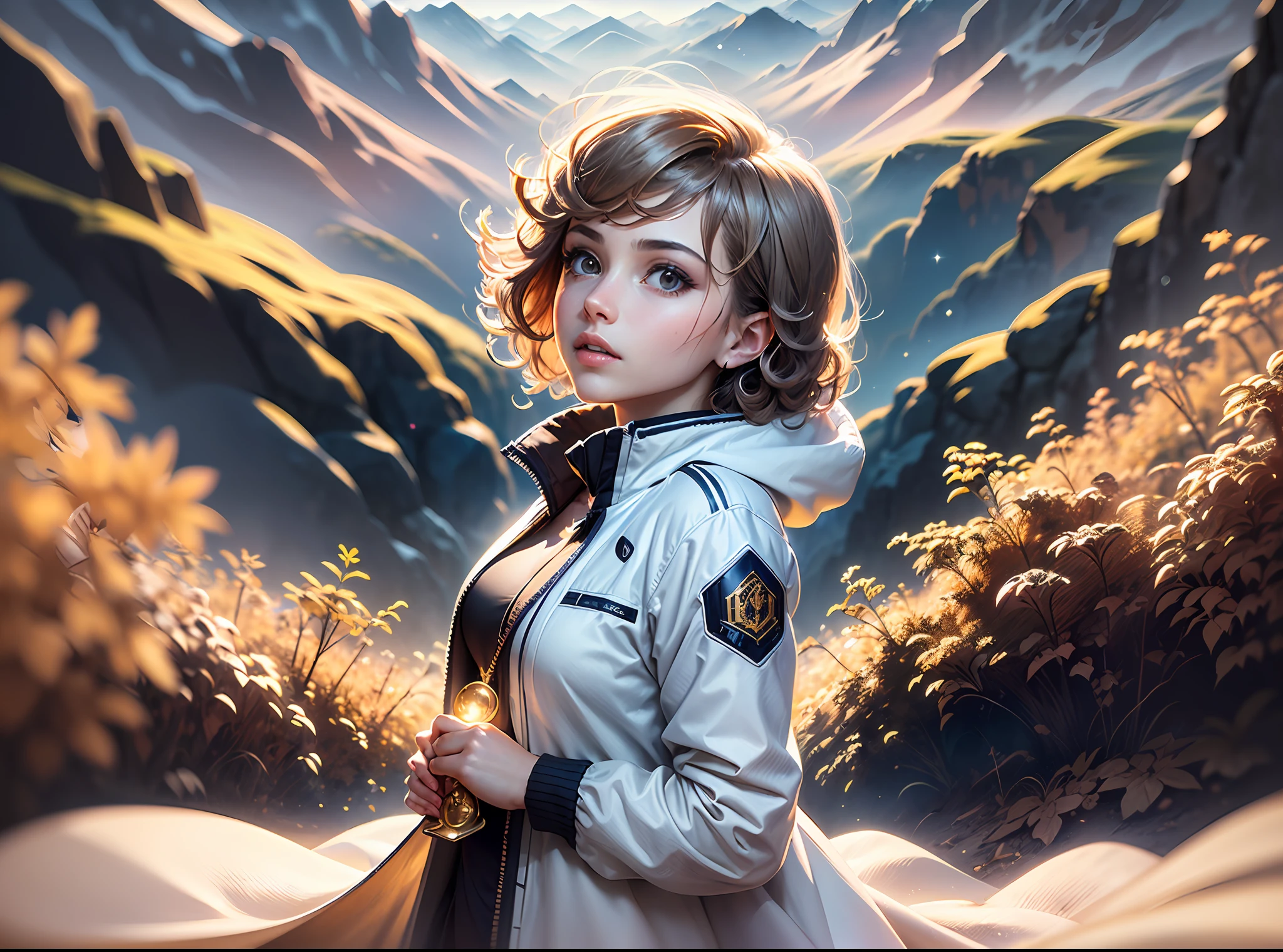 (award winning 64k concept art:1.3) of (young woman looking up standing over the valley:1.2), close to camera,  in white jacket, sweet, front, epic, god rays, (masterpiece:1.4), (best quality:1.4), Amazing, highly detailed, beautiful, finely detailed, warm soft color grading, (Depth of field:1.4), extremely detailed 64k, fine art, (valley in the background), stunning, (light reflections:1.2), (crisp:1.6), gold short curls, vibrant, starry sky, (edge detection:1.4), absurdres, impressive, 120mm, extremely clear, lens flare, motion lines, symmetrical clothes, wide shot, wide angle