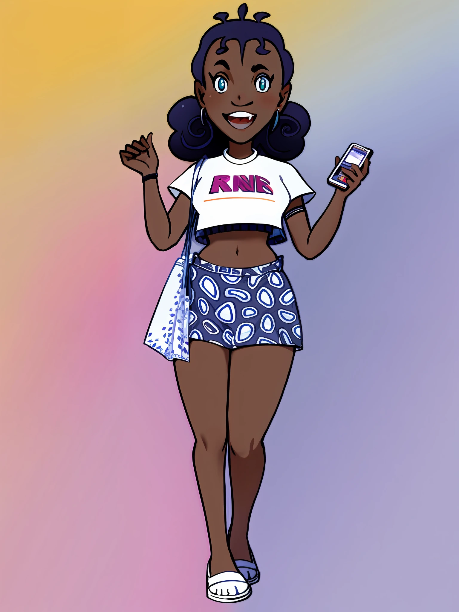 desenho animado de uma mulher em uma saia curta segurando um telefone celular, retrato de corpo inteiro de um curto!, arte dos desenhos animados, em estilo cartoon, cartoon style illustration, full length illustration, estilo de arte dos desenhos animados, adolescente negra, official illustration, Menina afro-americana, in style of digital illustration, super bonito funky menina preta, full color illustration, retrato de personagem de corpo inteiro, official character illustration