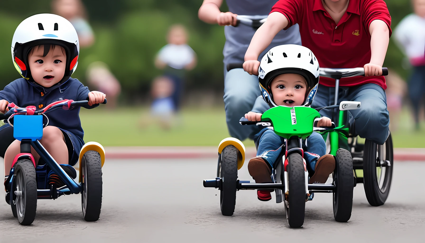 RAW time lapse photography close up of toddlers competing in tricycle race, motion blurred movement, long timed exposure, random expressions, detailed faces, super HD, ridiculous resolution